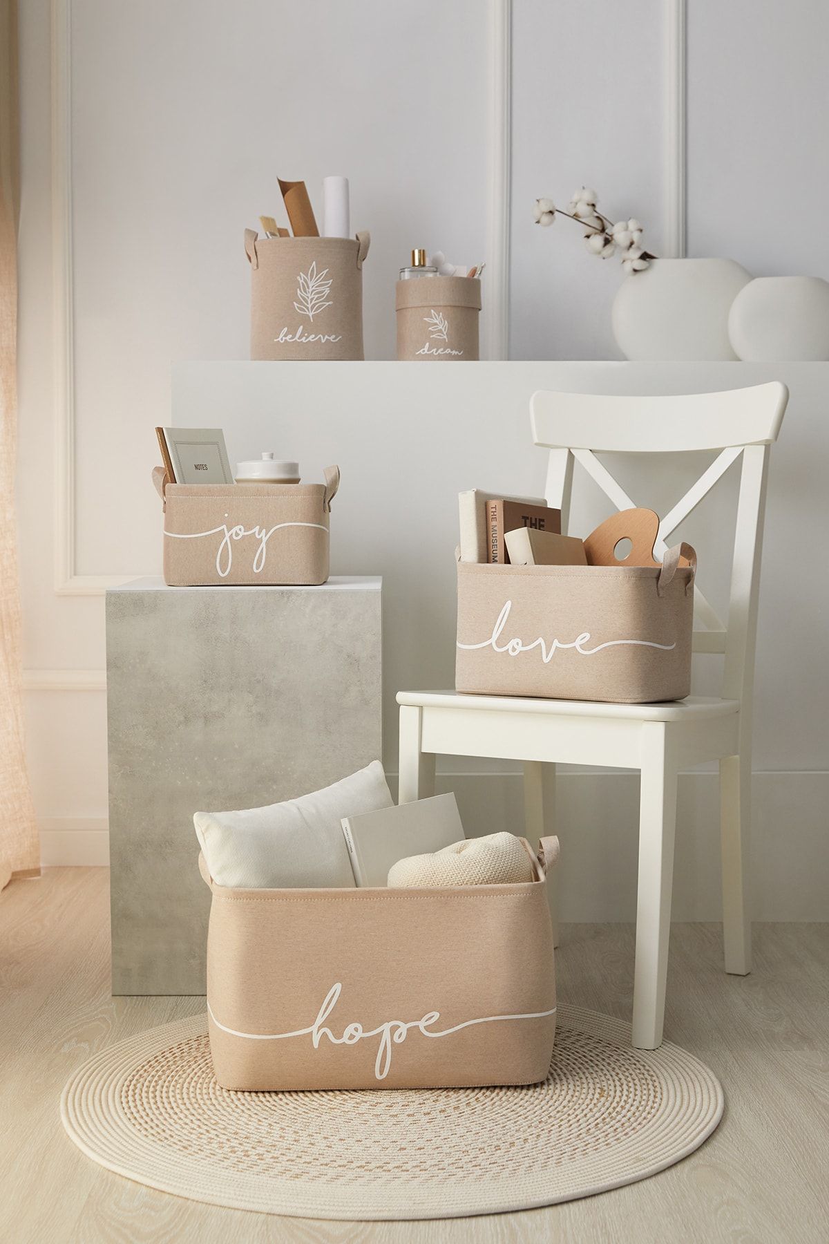 Ocean Home Textile 5'li Set Bej Dolap Içi Çamaşır Çocuk Odası Oyuncak Düzenleyici Katlanır Saklama Sepeti Organizer