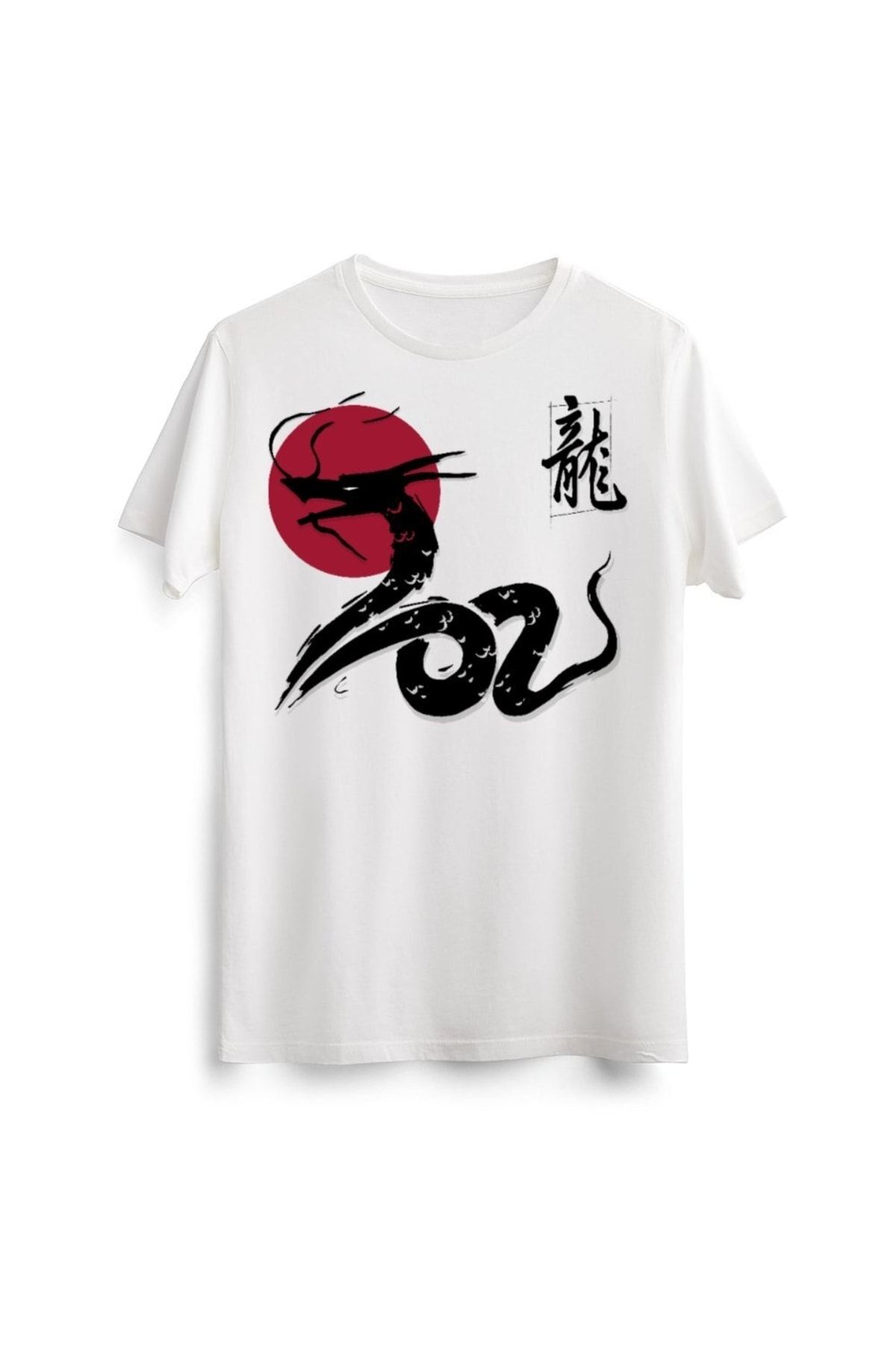 Line Art Cafe Unisex Erkek Kadın Japanese Japon Dragon Snake Yılan Baskılı Tasarım Beyaz Tişört Tshirt T-shirt