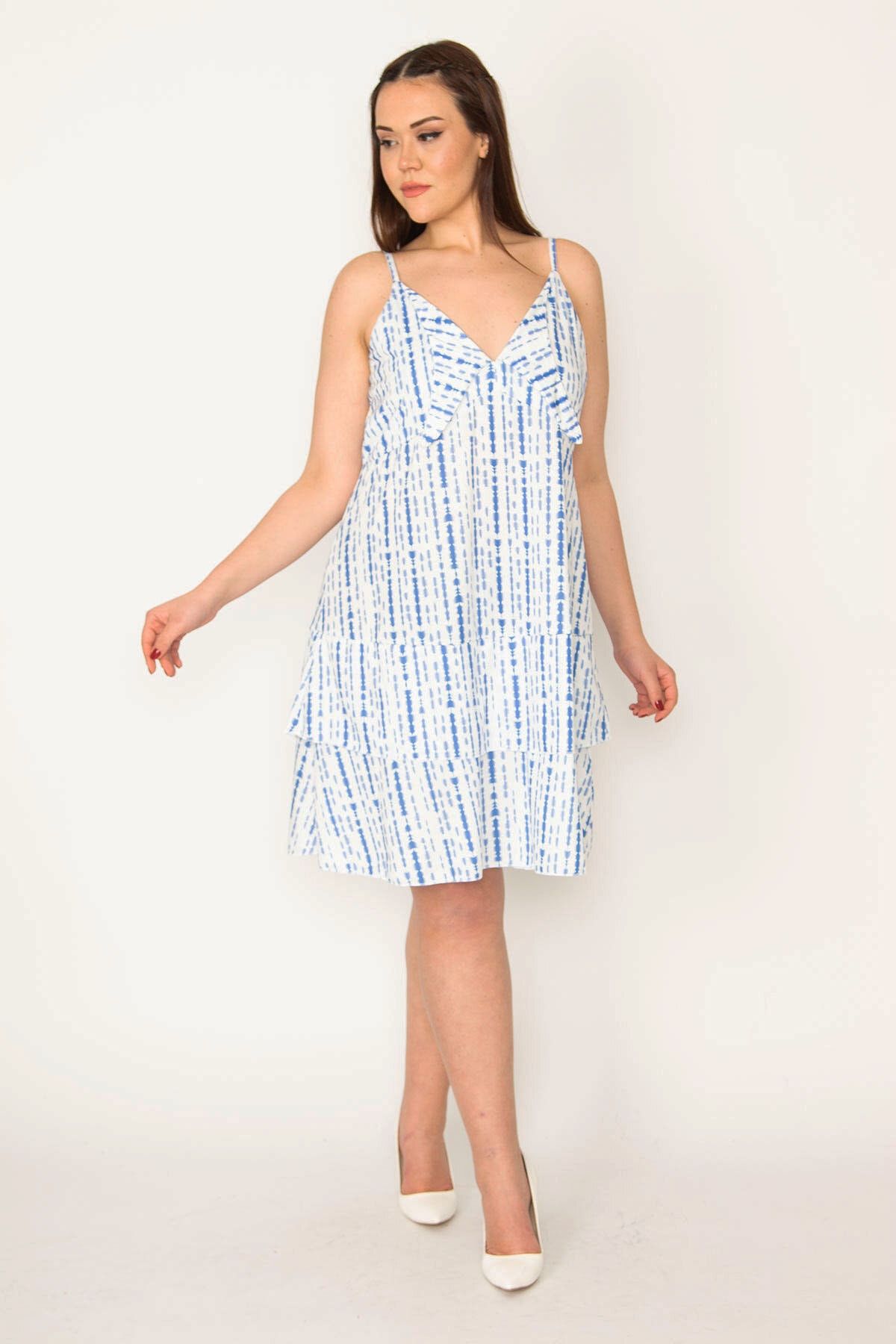 Şans Tekstil Kadın Mavi Yakadetaylı Etek Ucu Katlı Askılı Elbise 26a32464