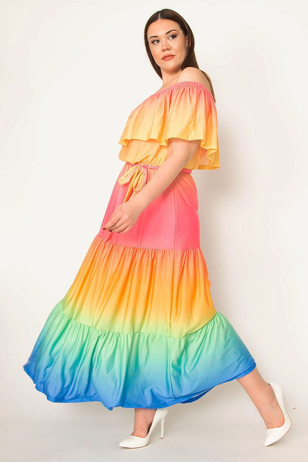 Şans Tekstil Kadın Renkli Yakası Lastik Ve Volan Detaylı Katlı Elbise 26a32880