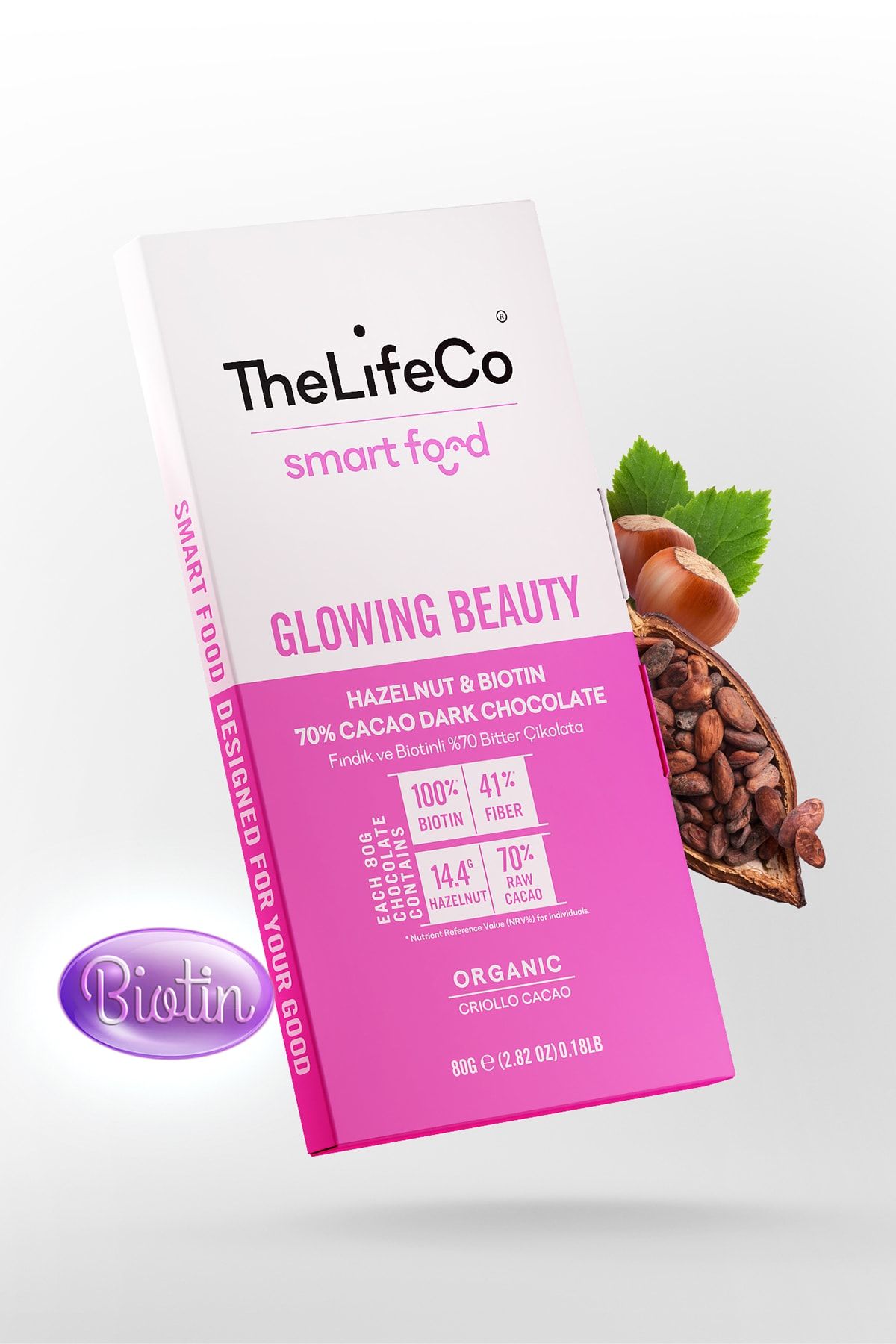 TheLifeCo Smartfood Glowing Beauty Biotinli %70 Organik Bitter Çikolata 80 G (glutensiz,fındık,yüksek Lif)