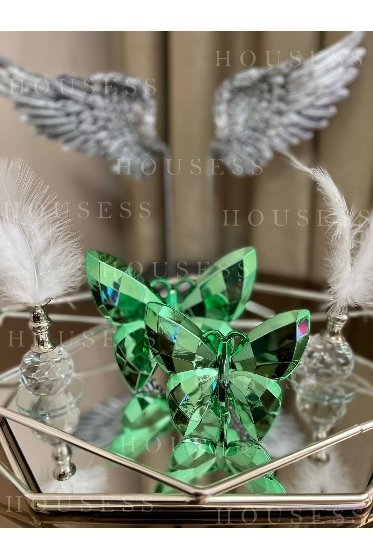 Housess Prizma Gümüş Büyük Tepsi 2'li Yeşil Kelebek Ve 2'li Gümüş Tüylük
