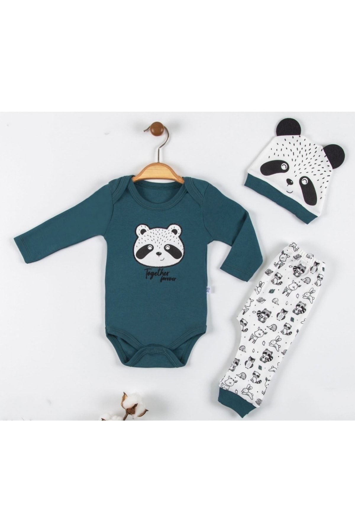 Nonna Baby Erkek Bebek 3'lü Zıbın Badi Takım Pandalı