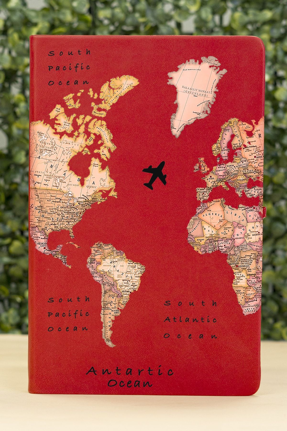Spoyi Transparan Harita Tasarımlı Tarihsiz Deri Kapaklı Lastikli Kırmızı Ajanda Defter