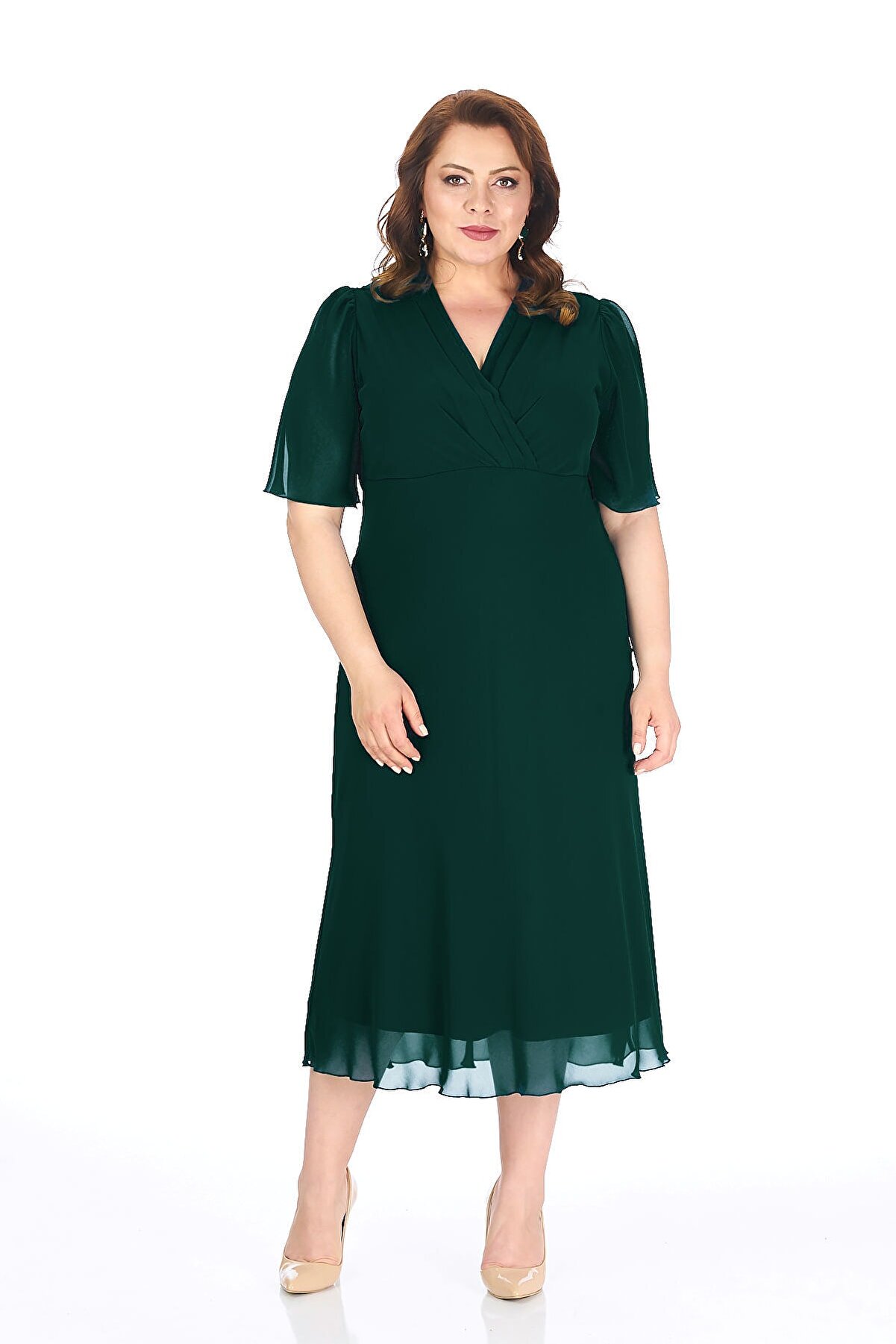 LİLAS XXL Kadın Yeşil Pile Yaka Şifon Elbise