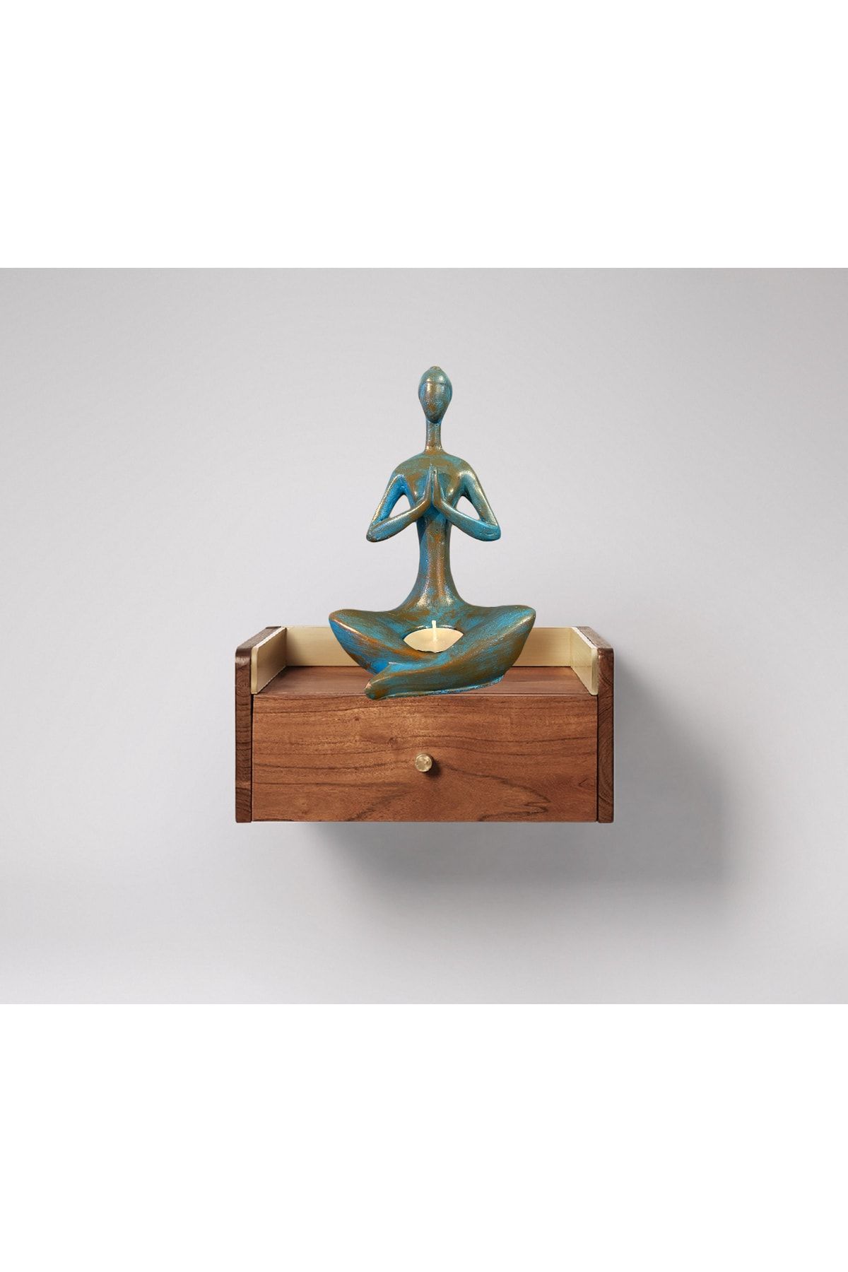 Talya Art Design , Eskitme Turkuaz Renk, Namaste Yoga Yapan Kadın, Tealight Mumluk.