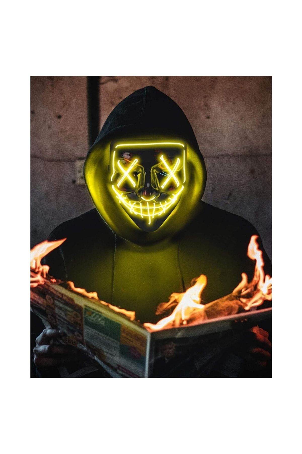 SHOPLİNE Hallowen Floresan Turuncu Led Işıklı Neon Maske 3 Modlu Parti Eğlence Maskesi Transparan