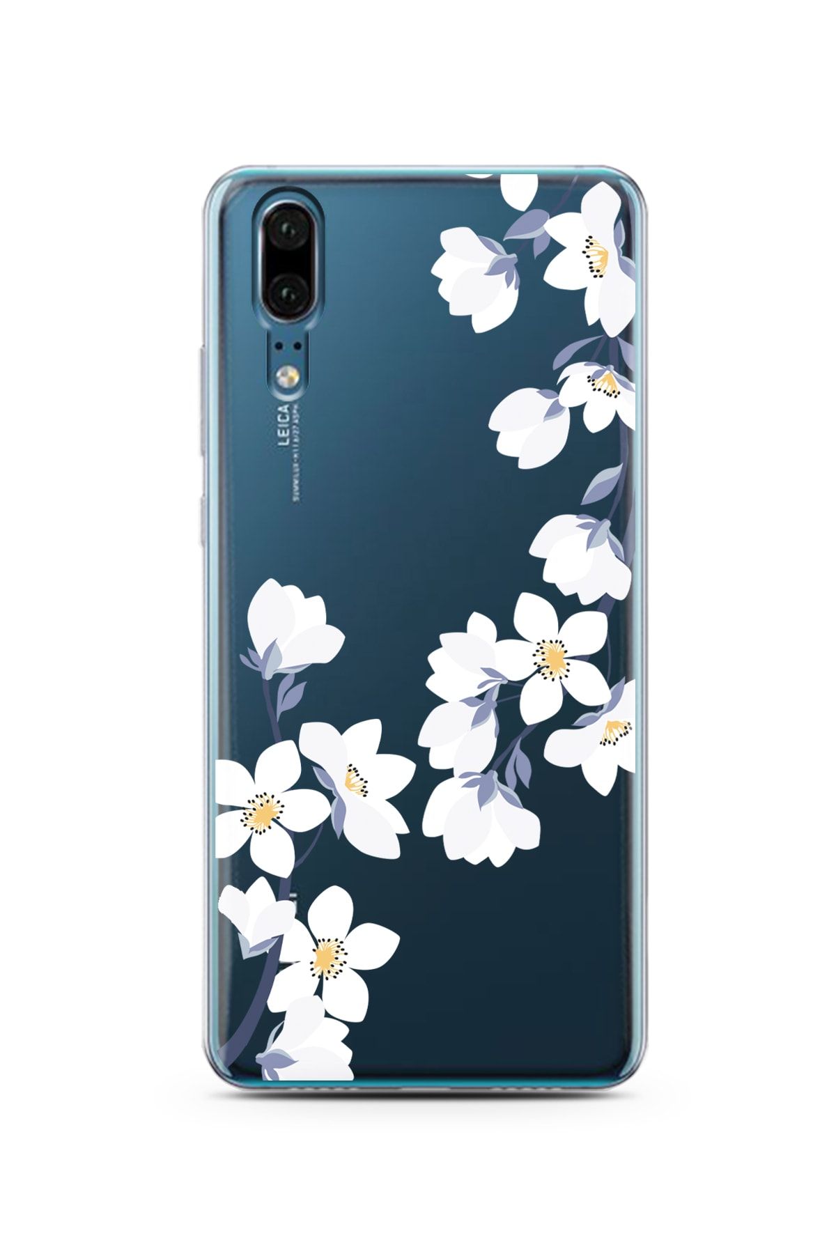 Spoyi Huawei P20 Art White Flowers Tasarımlı Süper Şeffaf Telefon Kılıfı