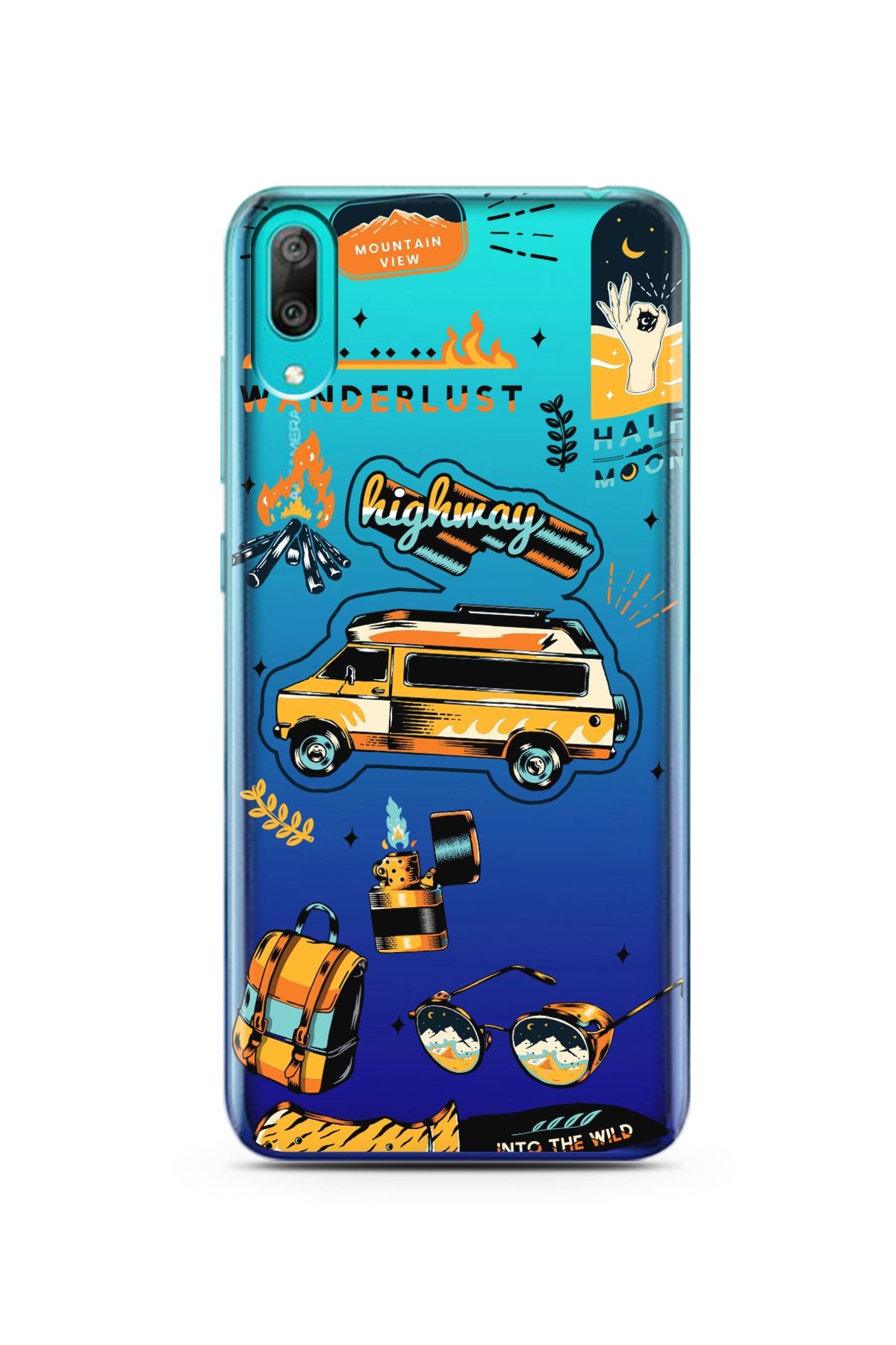 Spoyi Huawei Y7 Pro 2019 Vintage Sticker Tasarımlı Süper Şeffaf Telefon Kılıfı