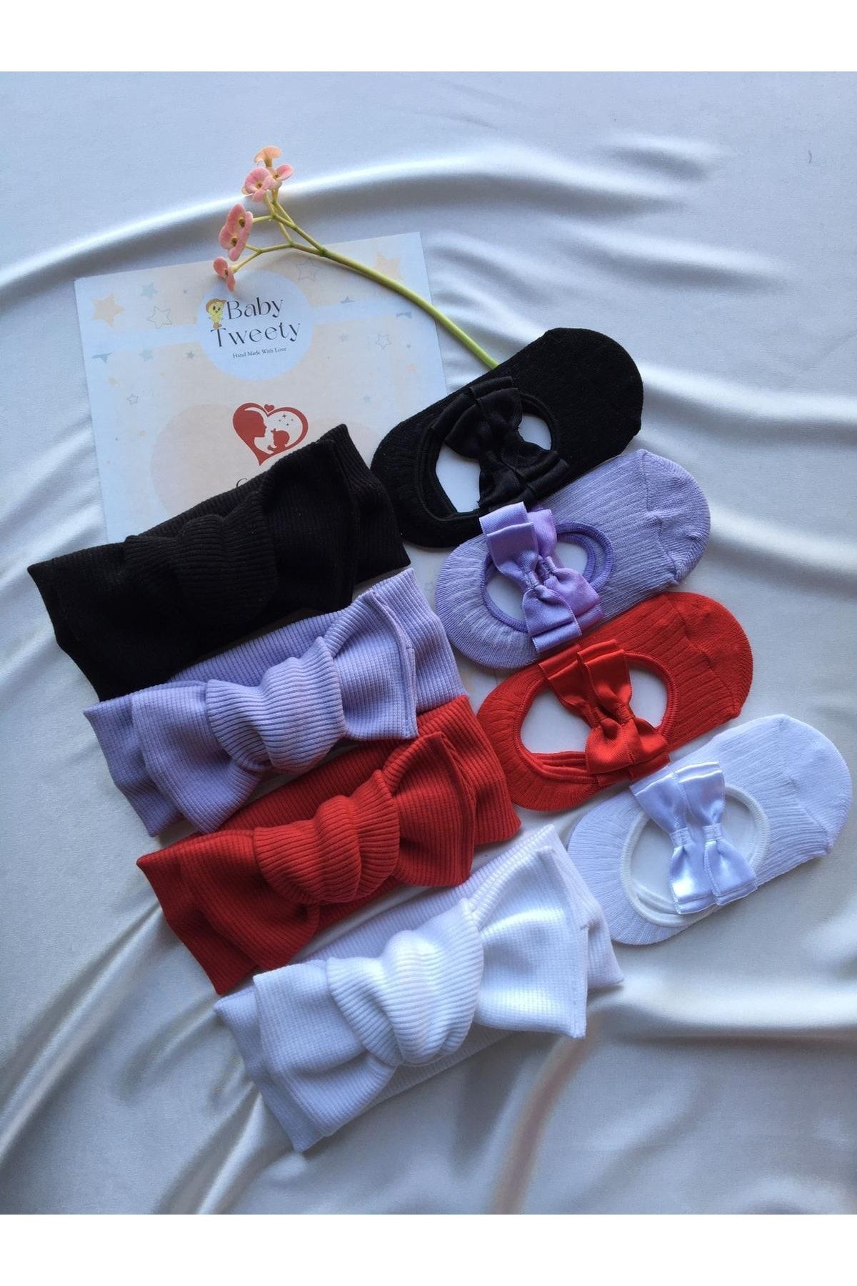 Baby Tweety 8'li Kombin (KUTULU) El Yapımı Kız Bebek Bandana & Babet Çorap
