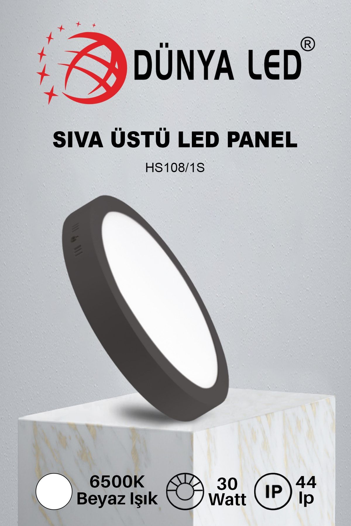 DÜNYA LED Hs.108/1s 30w Sıva Üstü Yuvarlak Siyah Spot Led Panel Yuvarlak 6500k Beyaz Işık Drıver