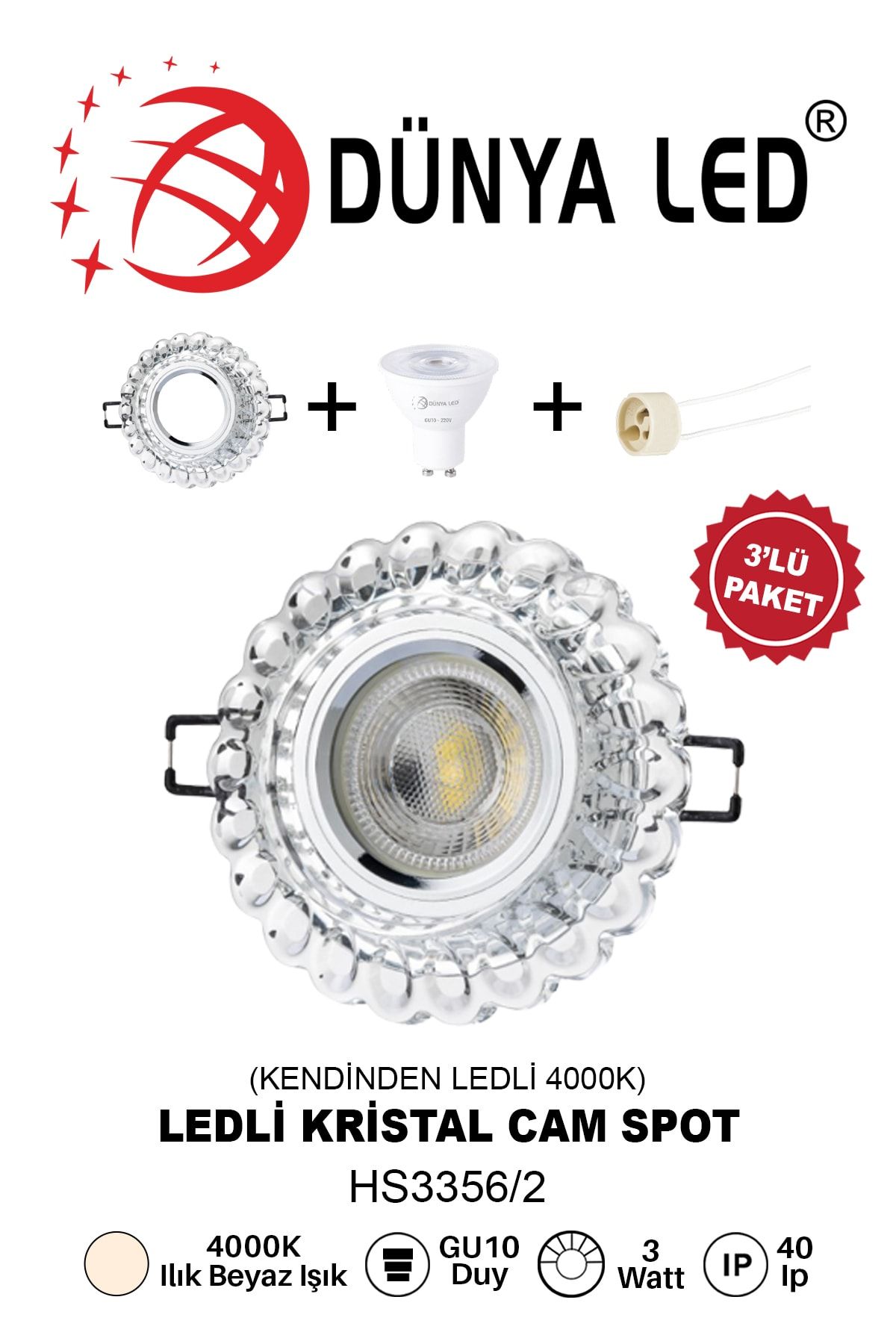 DÜNYA LED Hs.3356/2 4000k Ilık Beyaz Işık Kristal Kendinden Ledli Boş Kasa+gu10 Spot Ampul+gu10 Duy 3'lü Paket