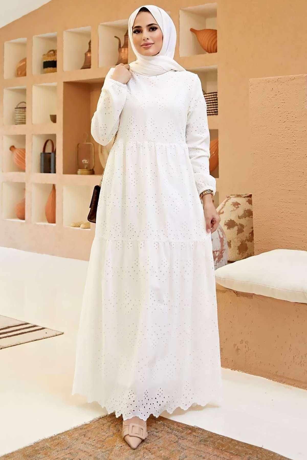 LUGMO Güpürlü Elbise Boydan Astarlı Pamuk Kumaş Beyaz Dar Kalıp