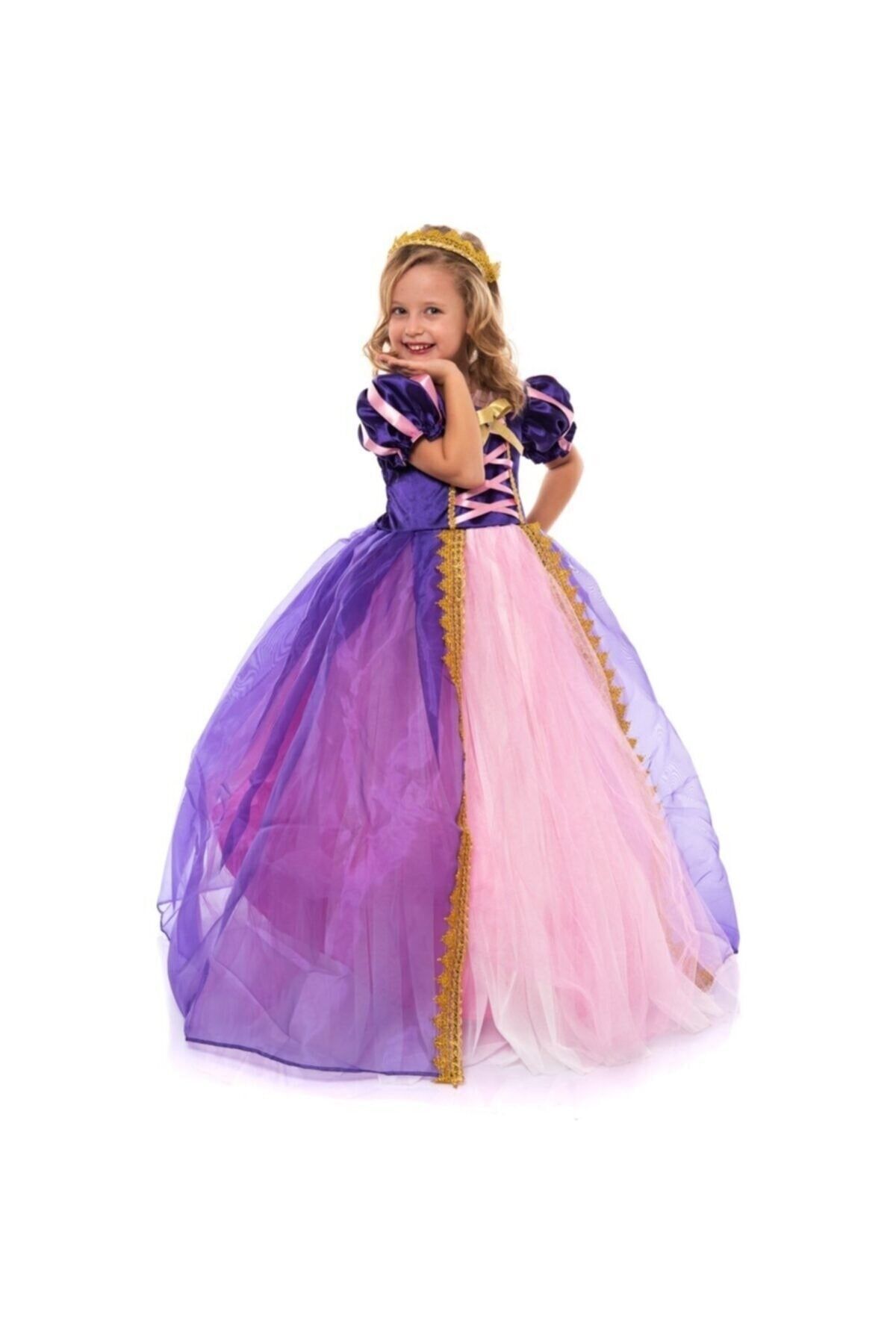 dilaydamla kids Kız Çocuk Elbise Taçlı Rapunzel Kostümü - Pelerinli Taclı Tarlatanlı Rapunzel Kostüm Çocuk Abiye