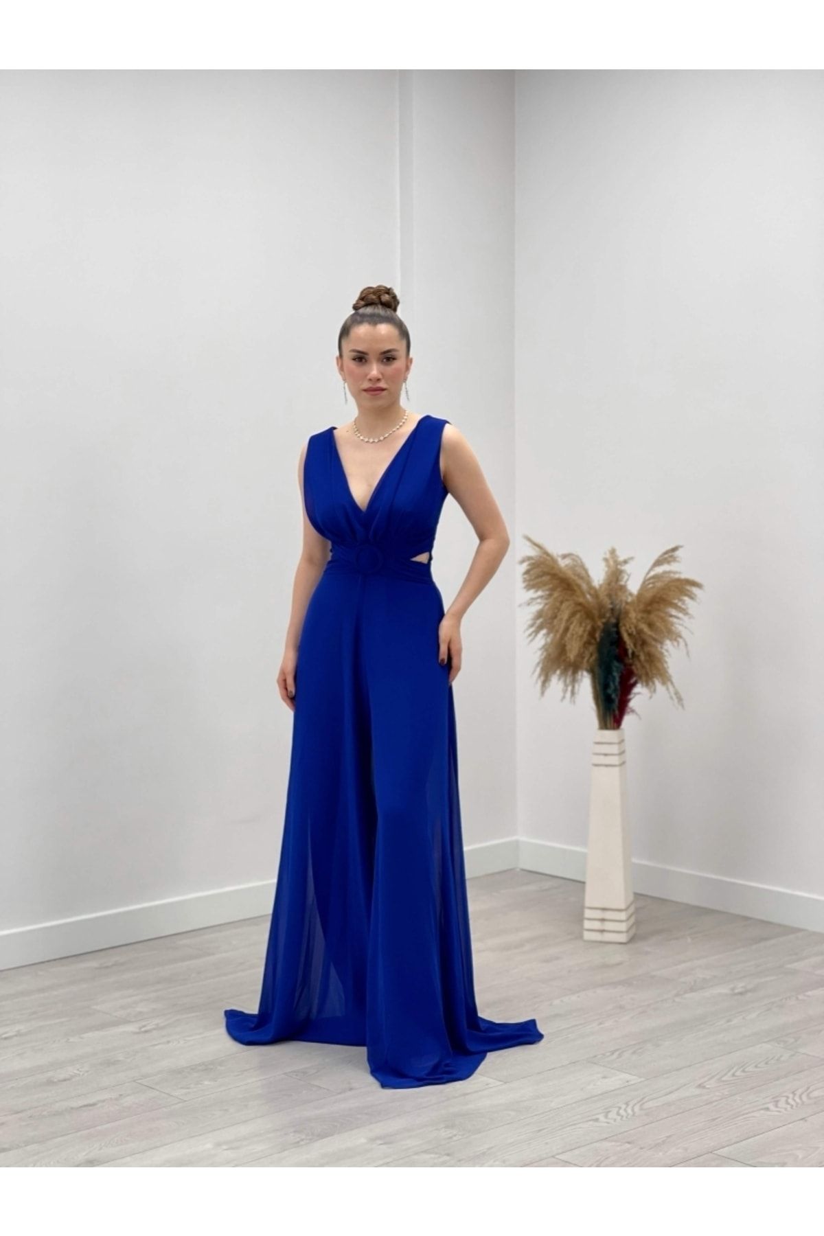 giyimmasalı Şifon Krep Kumaş Tulum Elbise - Saks Mavi