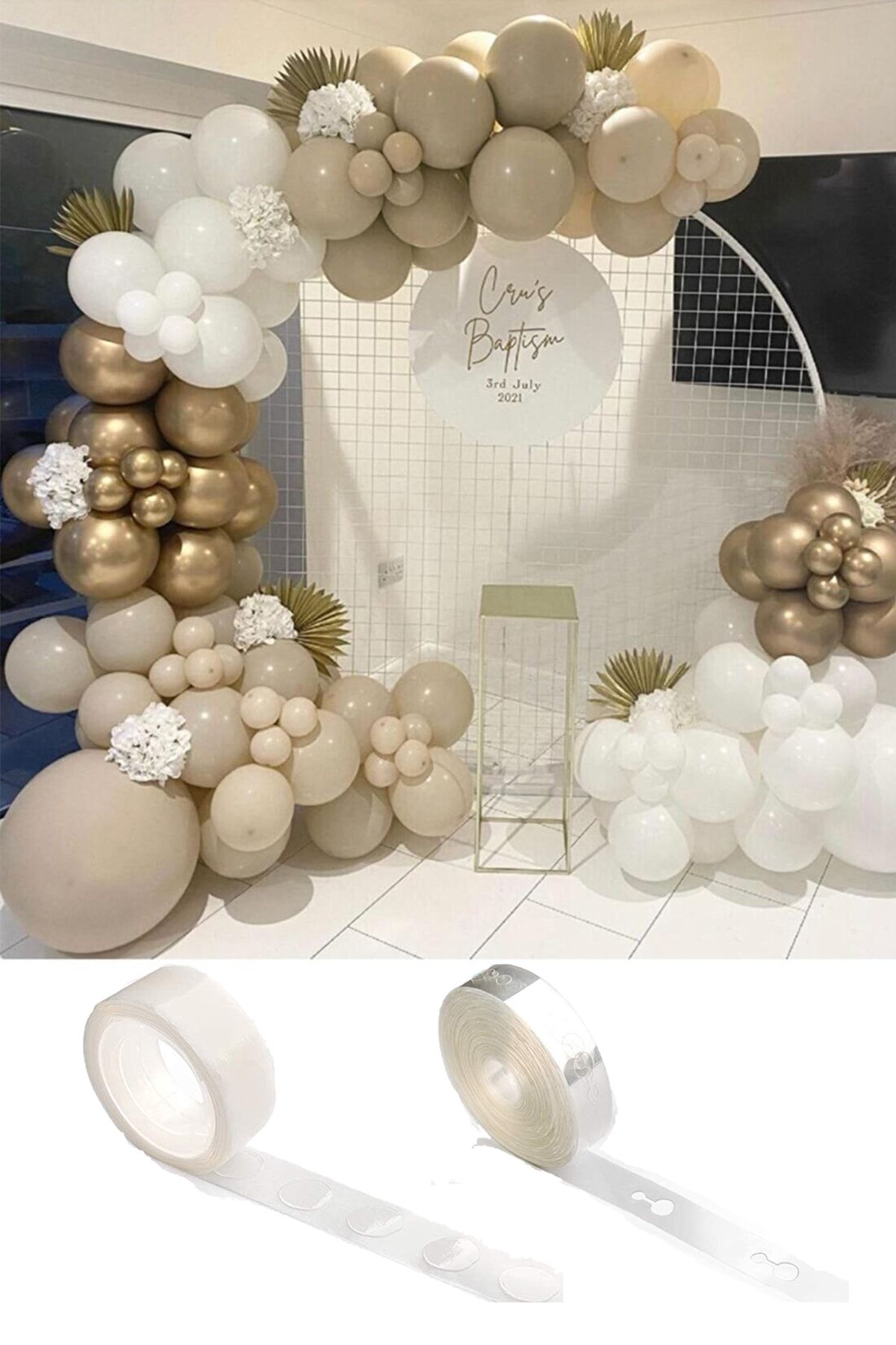 Parti Dolabı 10 Krom Gold, 25 Beyaz Ve 25 Taş Kum Rengi Balon Zinciri Doğum Günü Nişan Kına Pastel Bride Seti