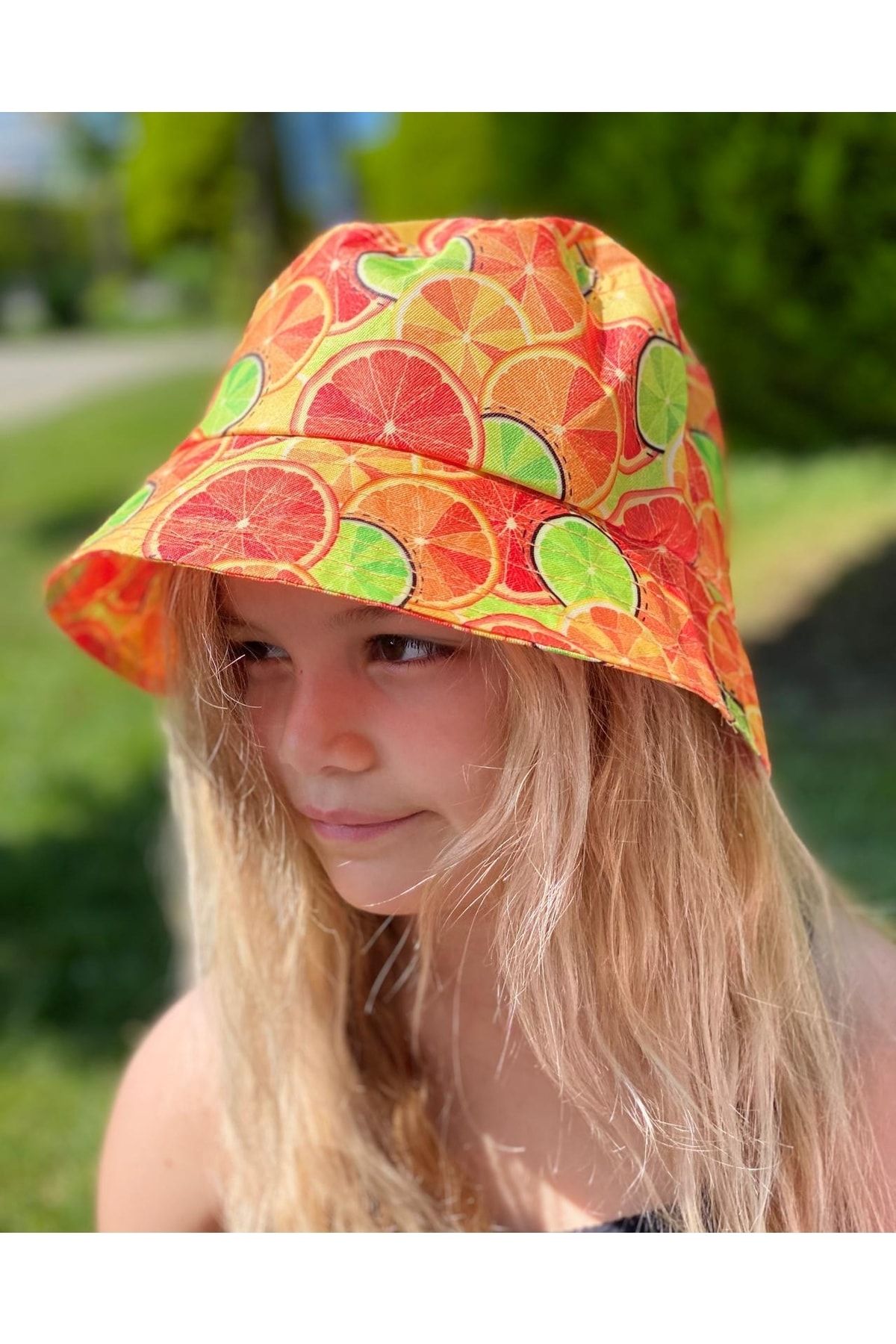 QUEEN AKSESUAR Yeni Trend Yaz Modası Portakal Limon Desenli Bucket Baget Şapka Yetişkin Kadın Büyük Çocuk Şapkası