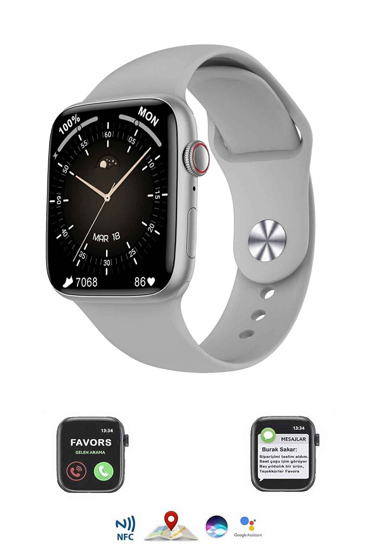 Favors Dtno.1 Akıllı Saat Watch 7 2022 Serisi Ios Android Uyumlu 1,91 Inc Tam Ekran Kavisli Tasarım Gri