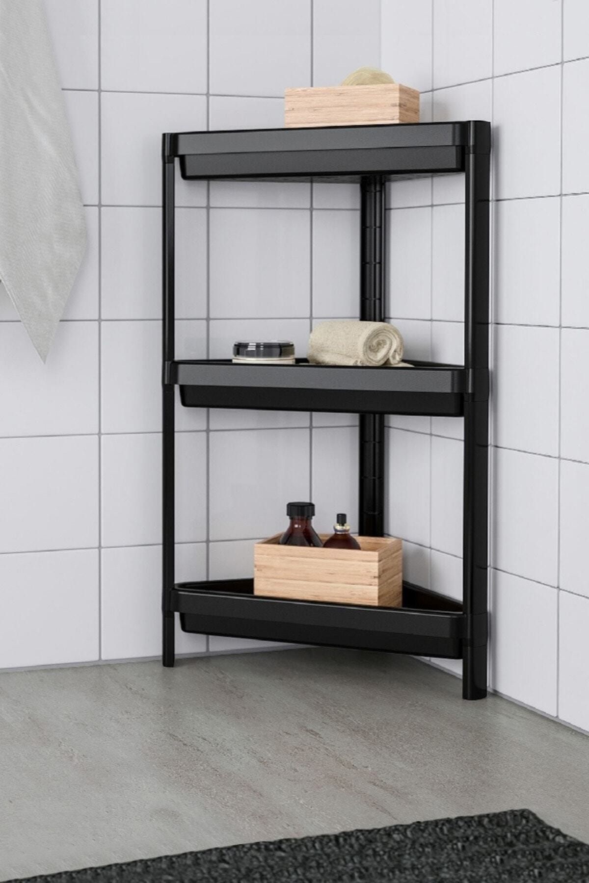 IKEA Vesken Üçgen Raf Ünitesi 3 Katlı Köşe Banyo Rafı Düzenleyici Siyah