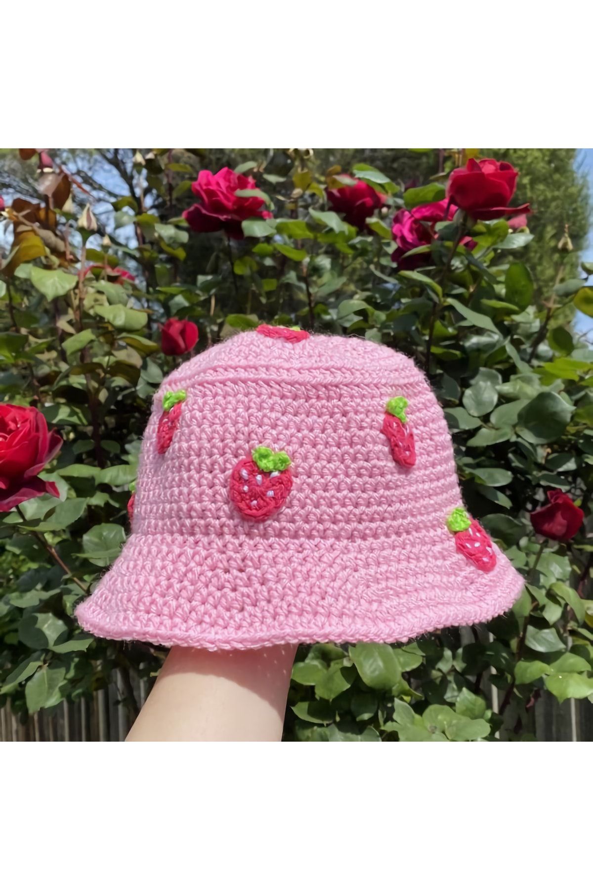 BurDen Dekoratif Ürünler & Tasarım Pembe Çilekli Şapka , El Örmesi Yazlık, Bucket Crochet
