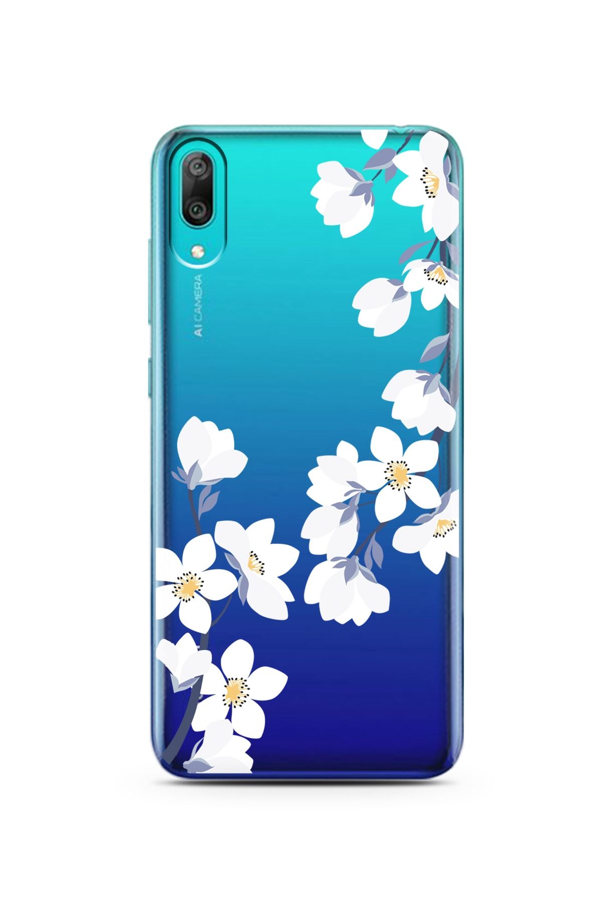 Spoyi Huawei Y7 Pro 2019 Art White Flowers Tasarımlı Süper Şeffaf Telefon Kılıfı