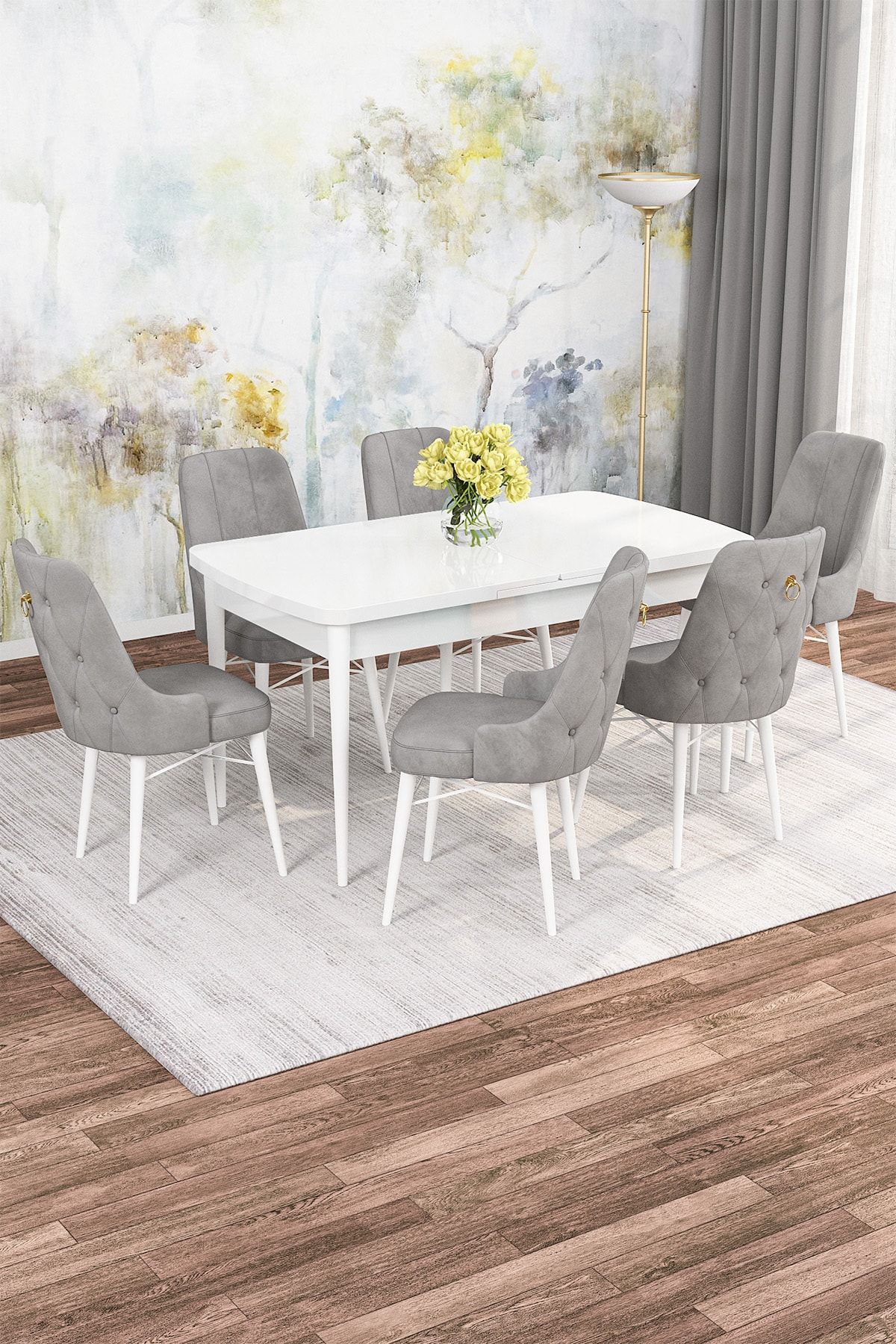 Rovena Mona Beyaz 80x132 Açılabilir Mdf Mutfak Masası Takımı 6 Adet Sandalye