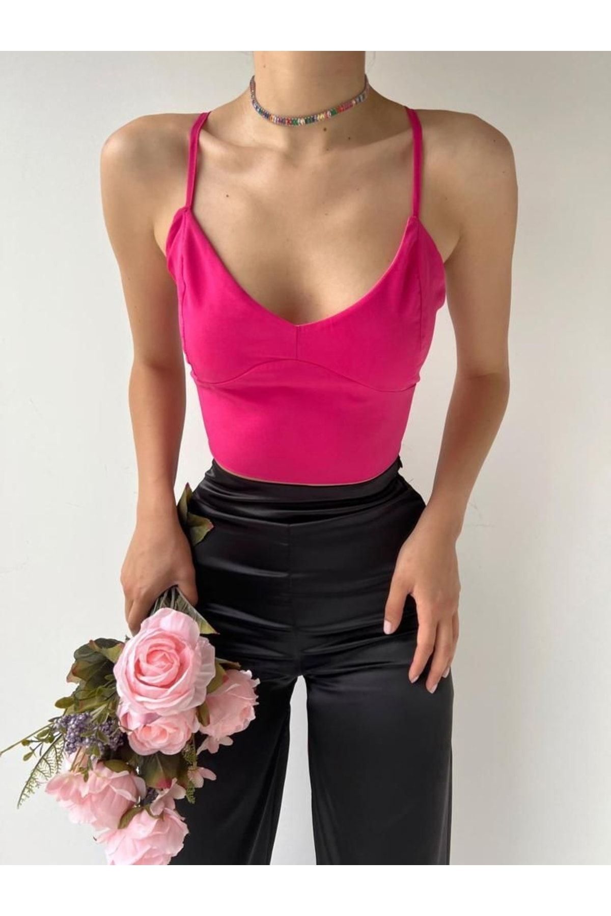 Senorita Boutiquee Kalp Yaka Fuşya Sırt Detaylı Crop Büstiyer