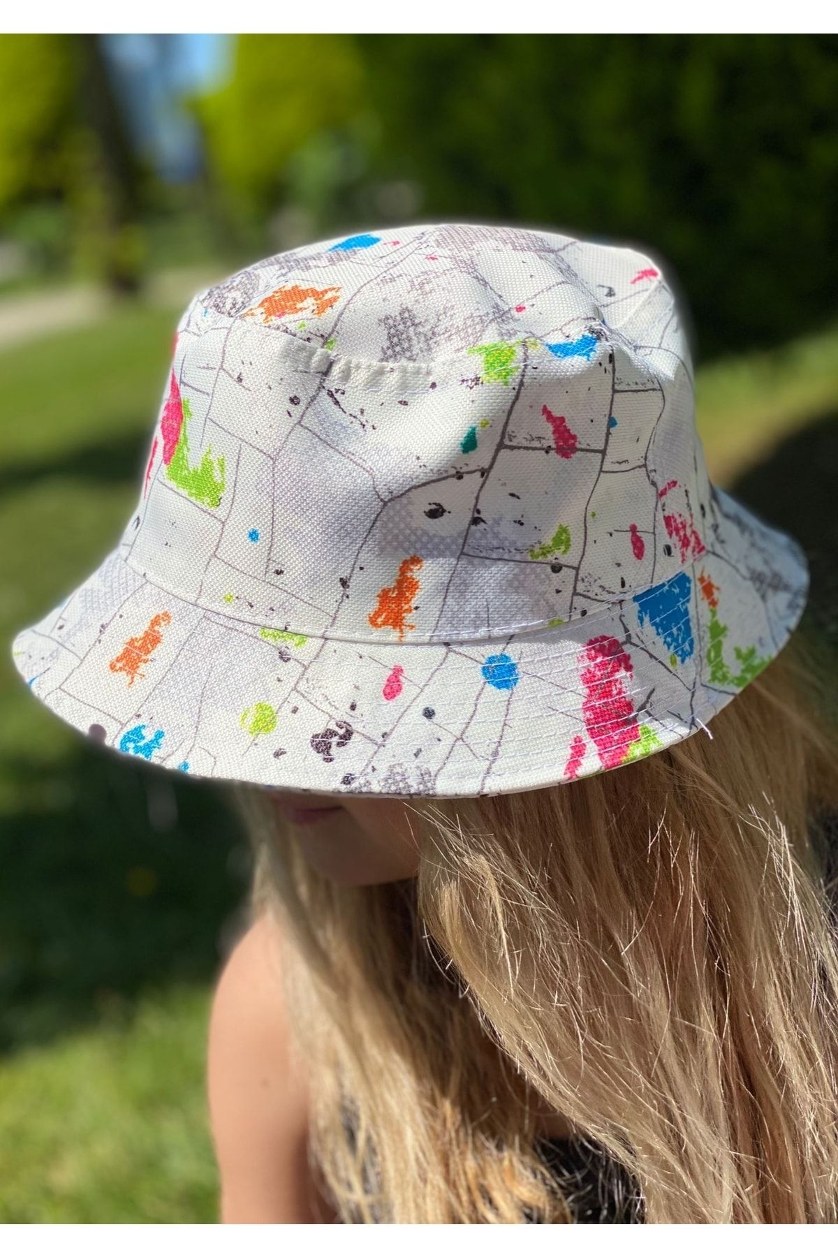 QUEEN AKSESUAR Yeni Trend Yaz Modası Rengarenk Boya Desenli Bucket Baget Şapka Yetişkin Kadın Büyük Çocuk Şapkası