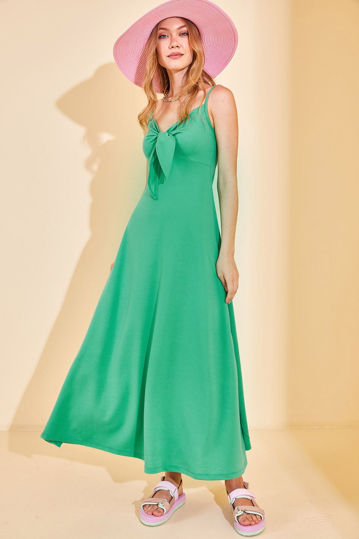 XHAN Kadın Yeşil Fiyonk Detaylı Maxi Elbise 2YZK6-12840-08
