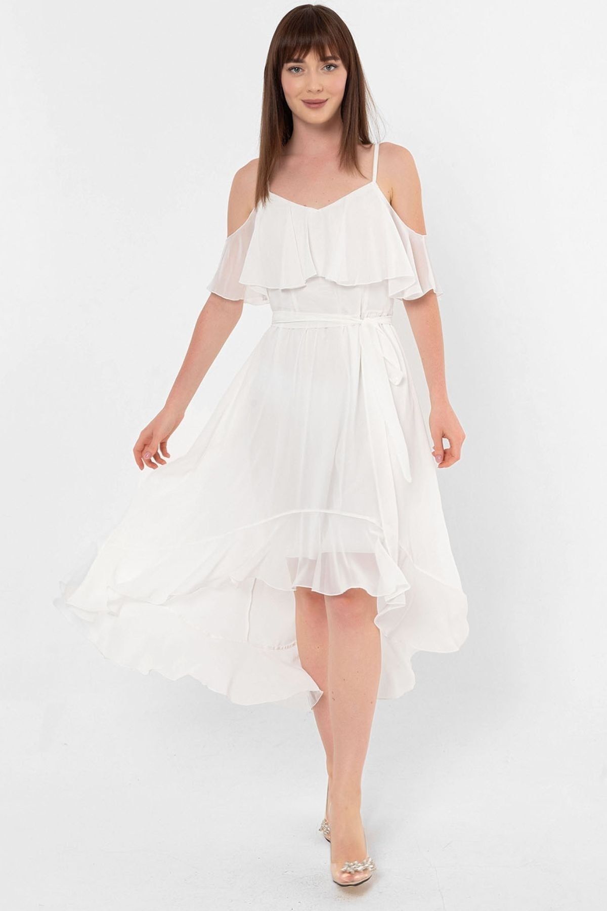 Laranor Ecru Ayarlanabilir Askılı Yaka Ve Etek Ucu Volanlı Asimetrik Şifon Elbise