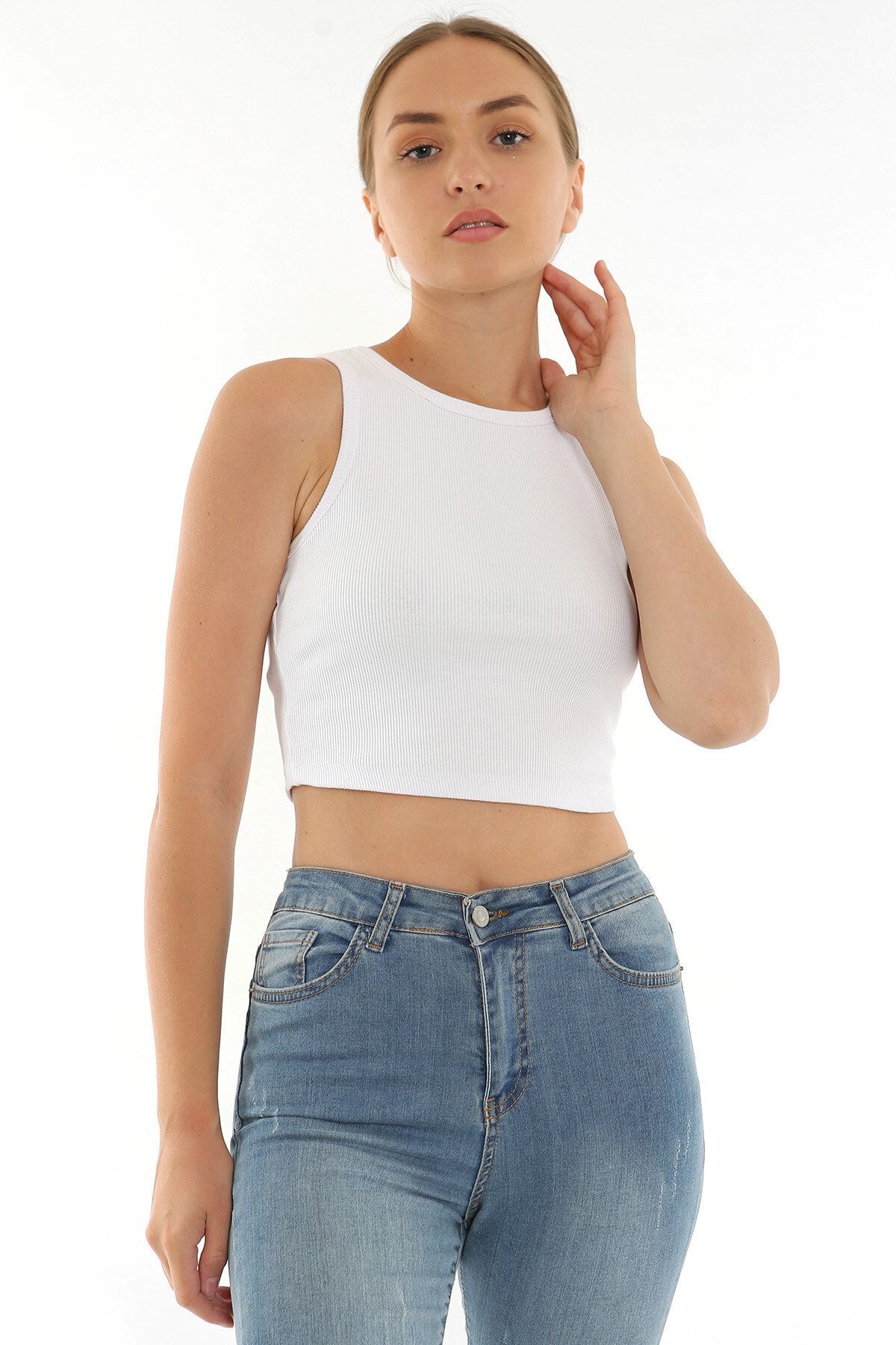 Fiftyone Wear Kadın Beyaz Renk Kaşkorse Kumaş Crop Örme Bluz