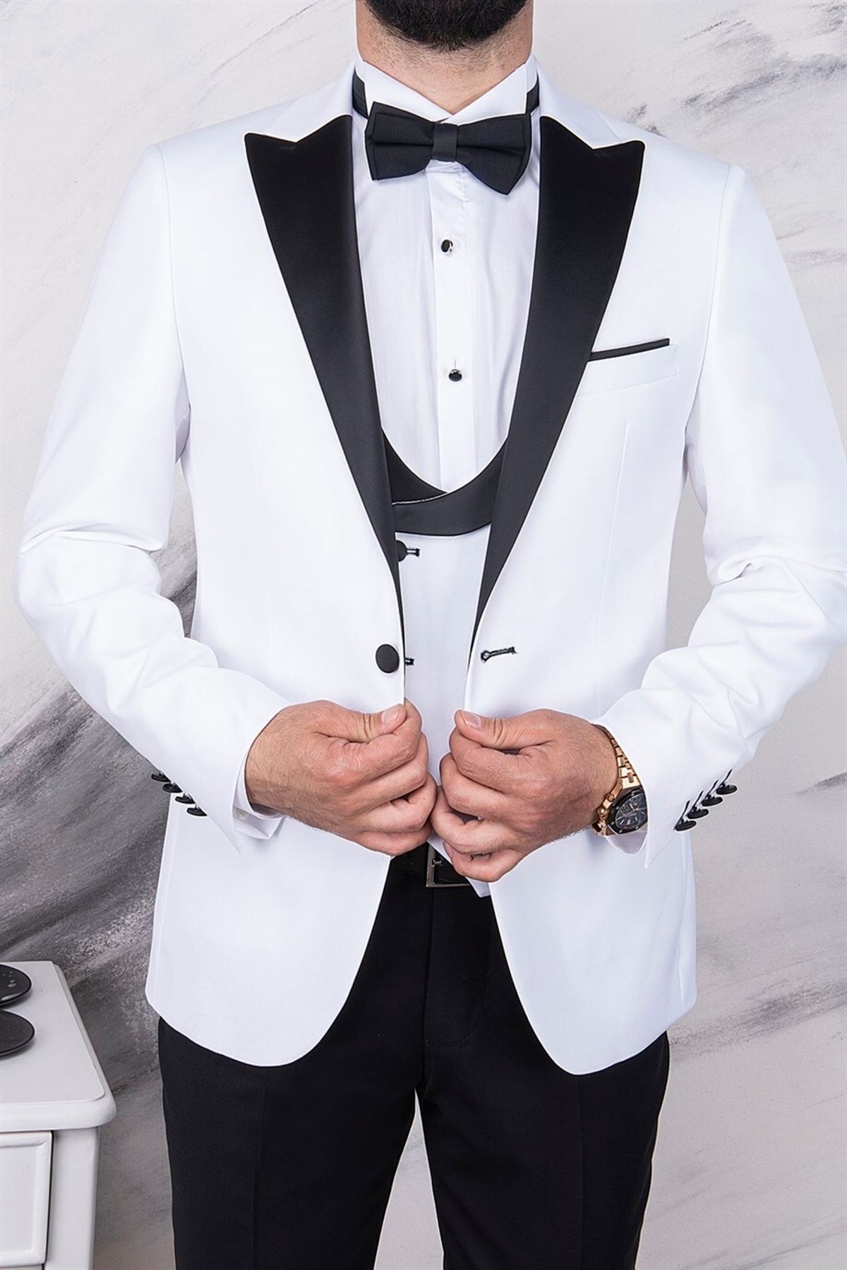 PR PACO ROMANO ART OF FASHİON Erkek Slim Fit Damatlık Smokin Sivri Yaka Beyaz Kombin Yelekli Takım Elbise