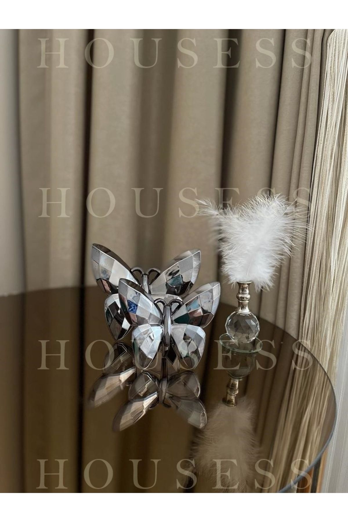 Housess Dekoratif Antrasit Kelebek Ve Gümüş Tüylük Biblo Süs