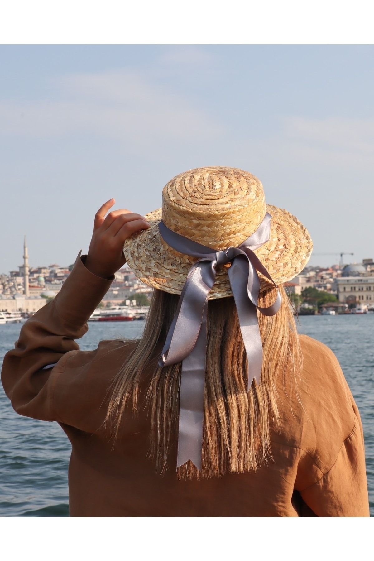 Shopiolog Kadın Organik Hasır Kurdeleli Gondol Şapka Ay Güneş Kolye Hediyeli