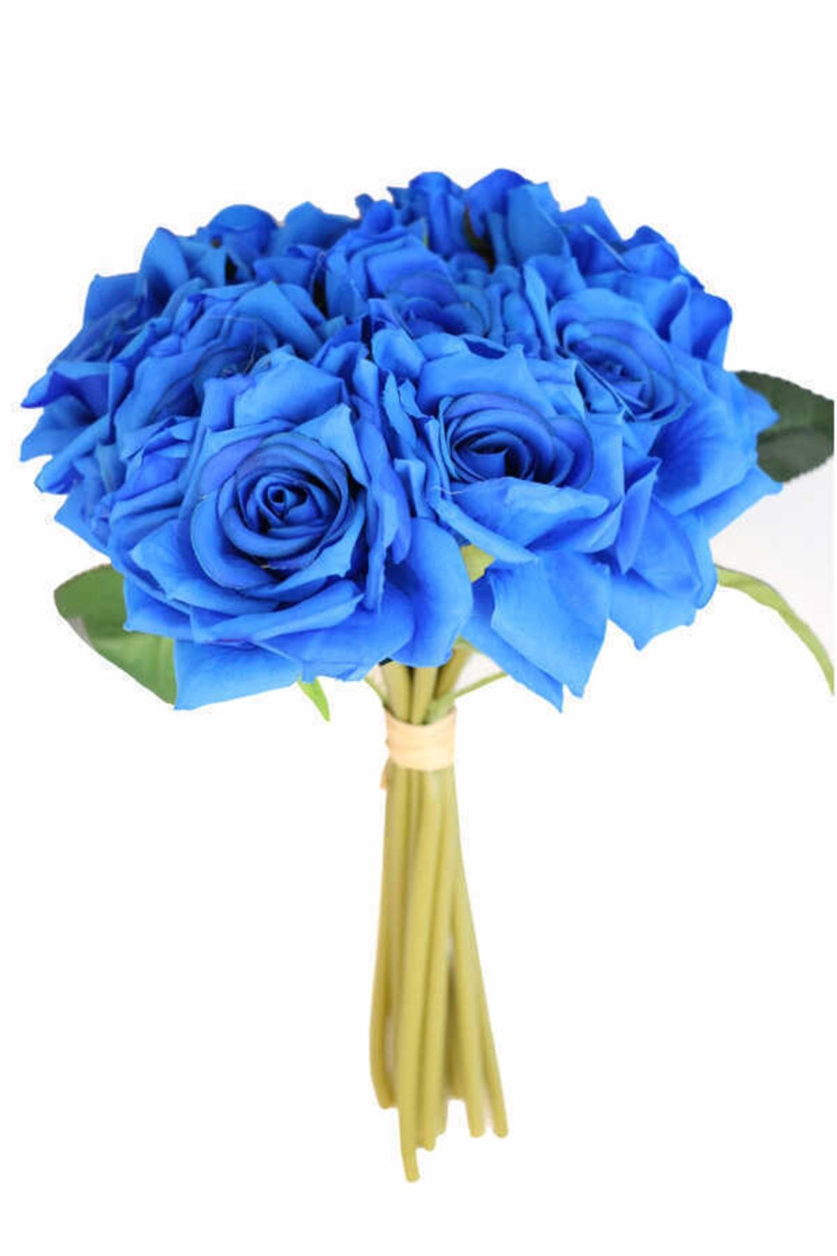 Yapay Çiçek Deposu 10lu Lüx Gul Demeti 25 Cm Saks Mavi