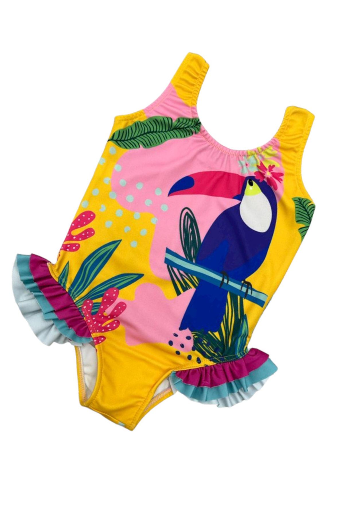 Lolliboomkids Kız Çocuk Çok Renkli Tukan Papağan Desen Detaylı Fırfırlı Baskılı Mayo