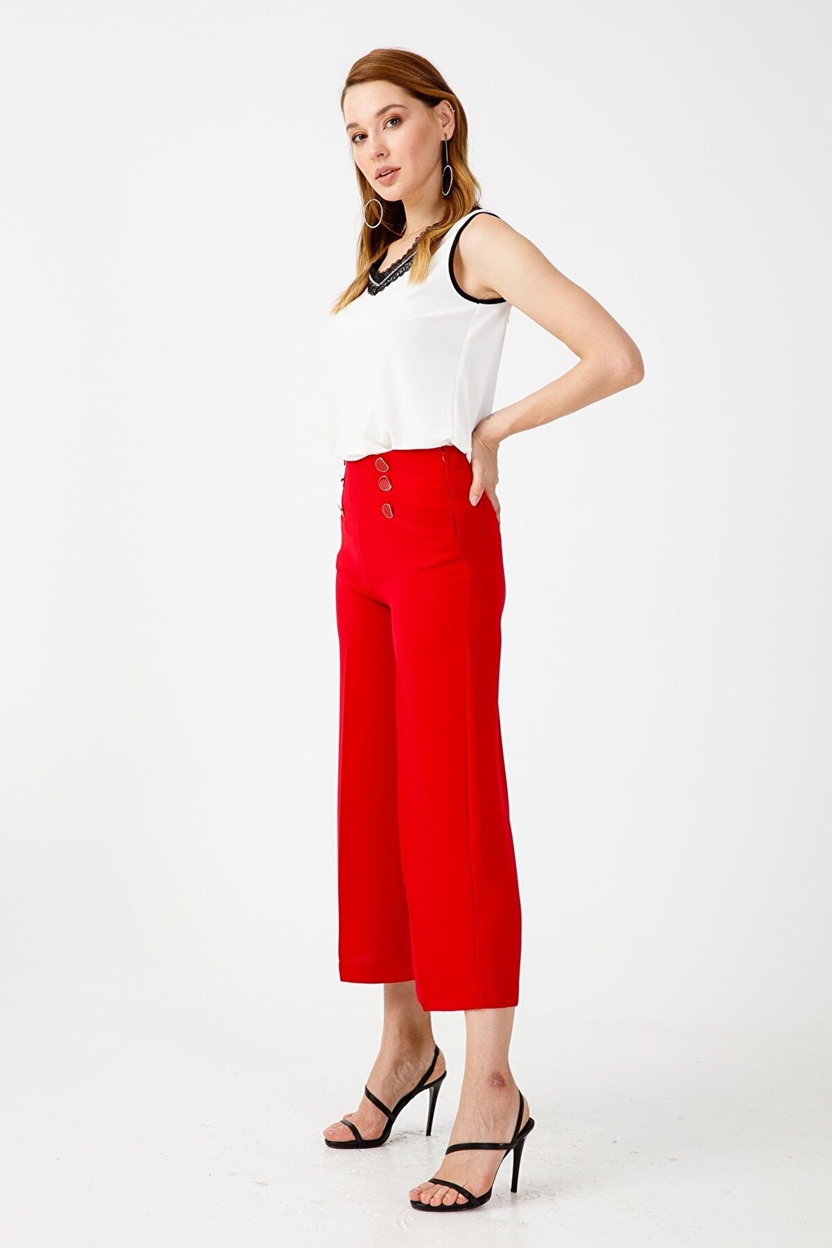 Moda İlgi Kadın Kırmızı Çift Sıralı Bol Pantolon