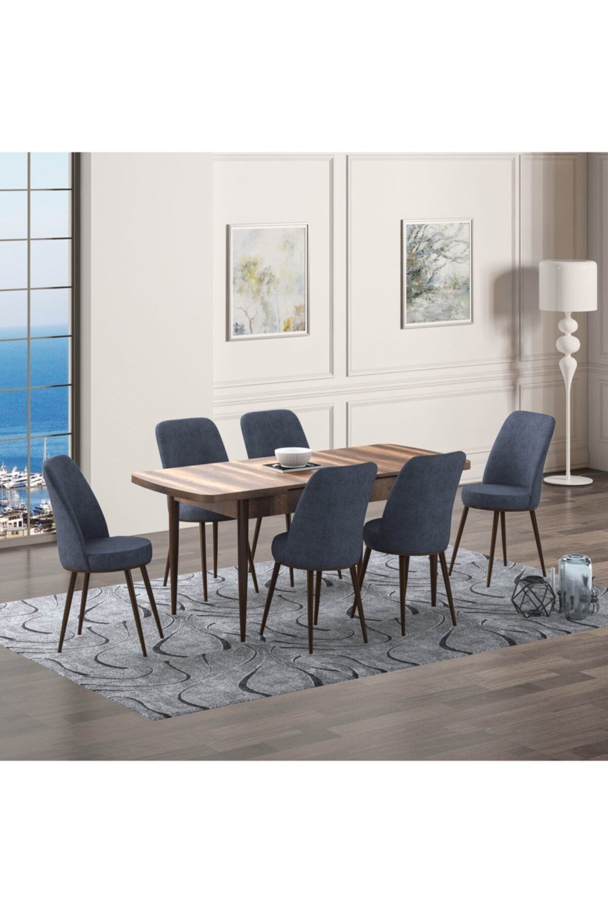 GÜVEN MASA SANDALYE 6 Sandalyeli Barok Ceviz Modeli Yemek Masası Ve Oval Gold Sandalye Takımı