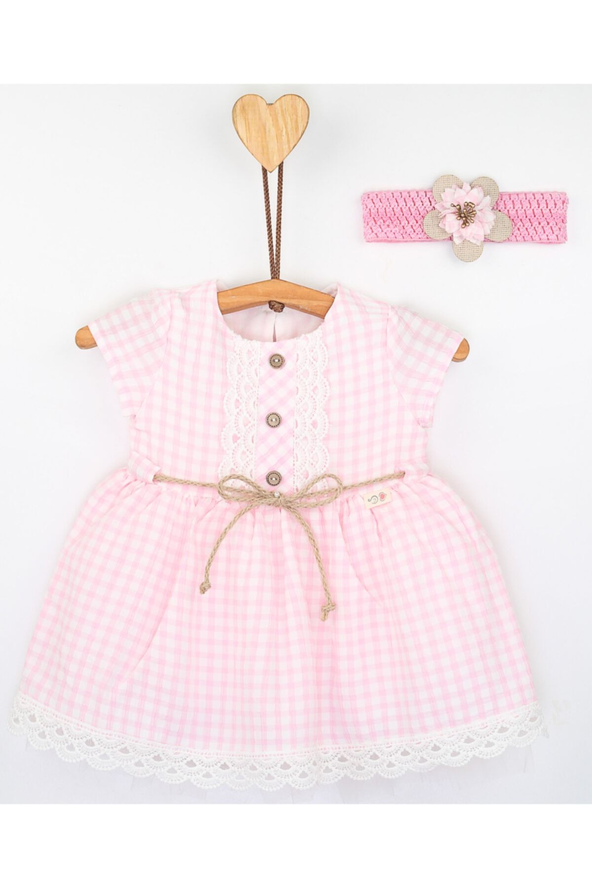 Lilax Kız Bebek Elbise Kareli Bandanalı Pembe