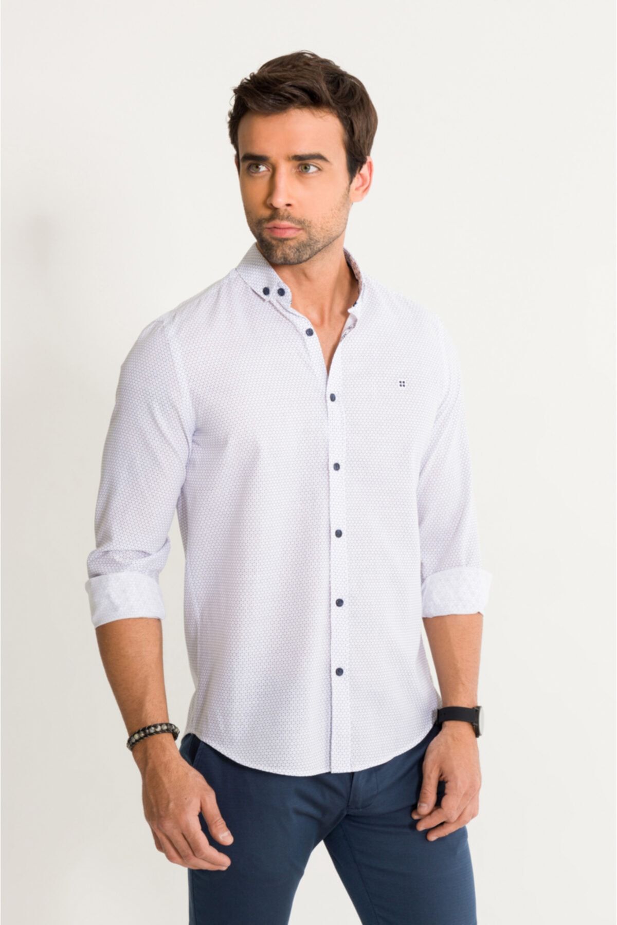 Avva Erkek Beyaz Baskılı Düğmeli Yaka Slim Fit Gömlek A01s2203
