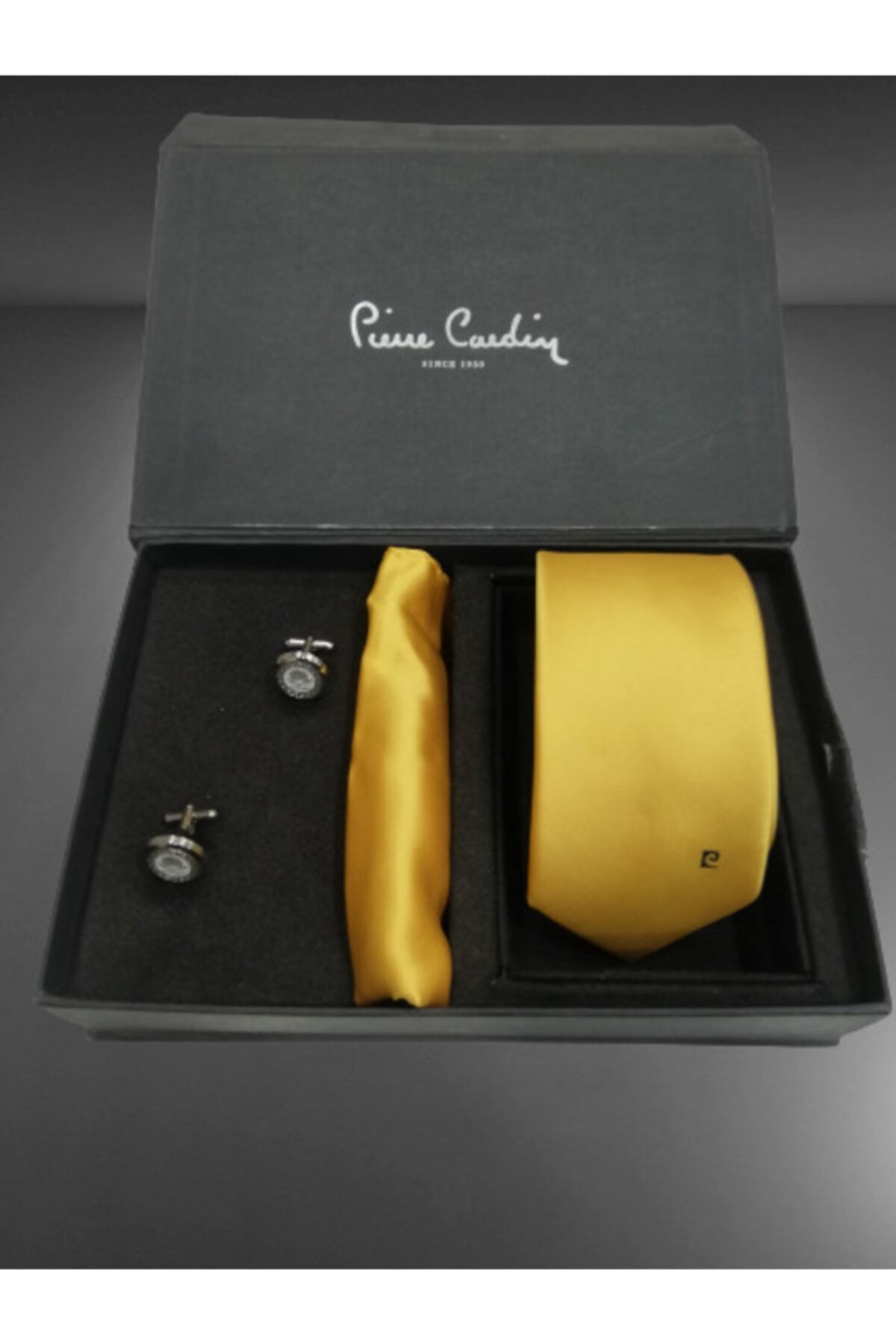 Pierre Cardin Erkek Sarı Kravat Mendil Kol Düğmesi Set