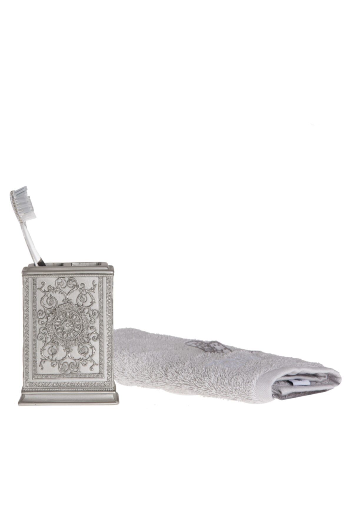 Bosphorus Diş Fırçalık Dekoratif Işlemeli Gümüş Poliresin 8x6x11cm
