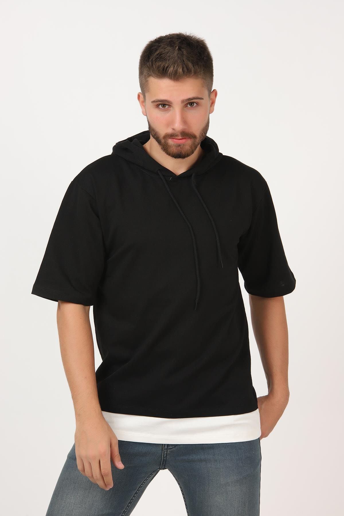 Tena Moda Erkek Siyah Kısa Kollu Kapşonlu Dirsek Kol Oversize Tişört
