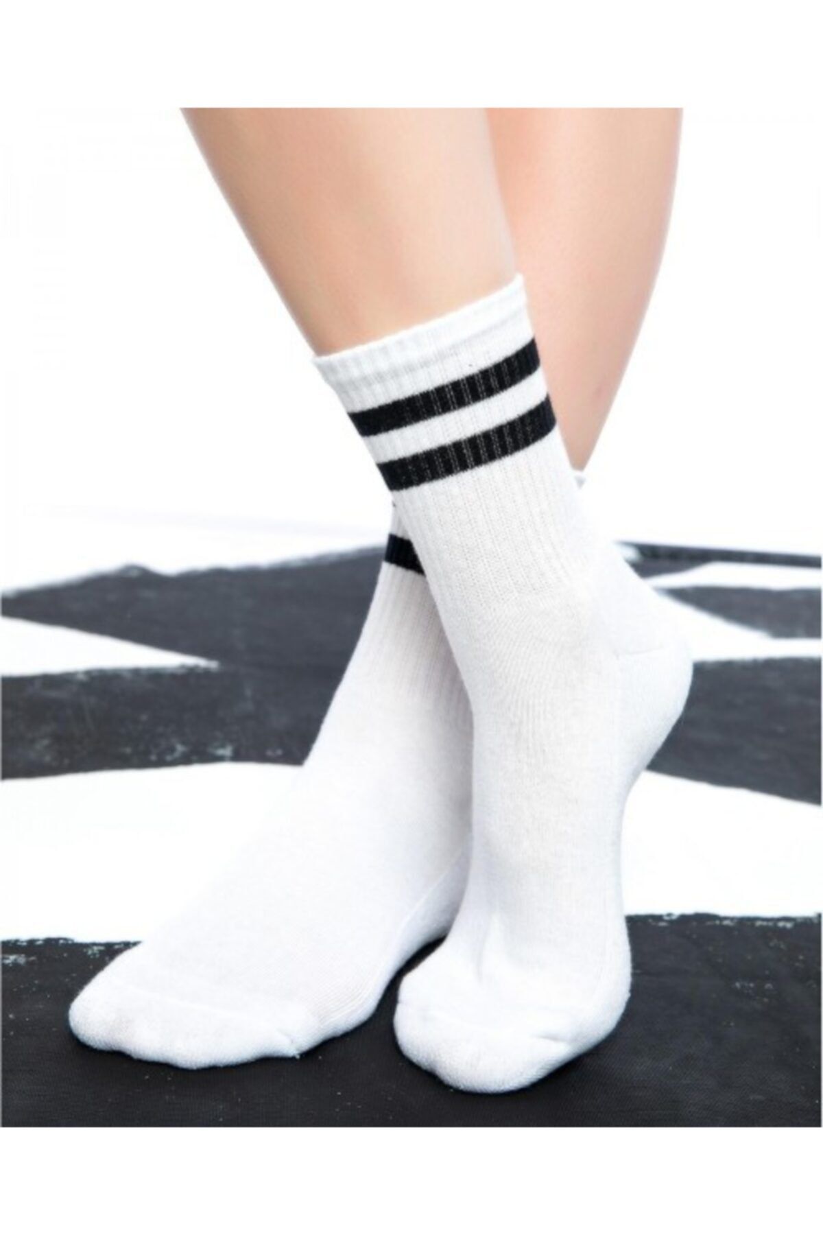 çorapdunyam Çorap Unisex Siyah Beyaz Renkli Çizgili Kolej Tenis Çorabı Çp4155