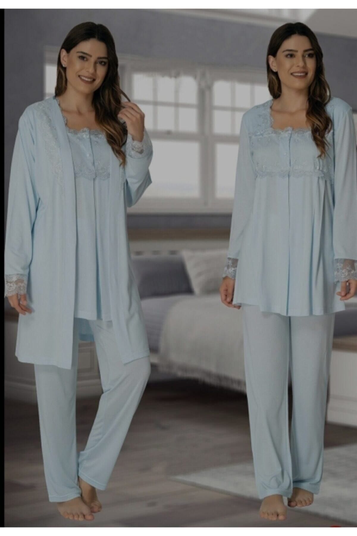 Genel Markalar Kadın Effort Mavi Hamile Lohusa Sabahlık Pijama Takımı
