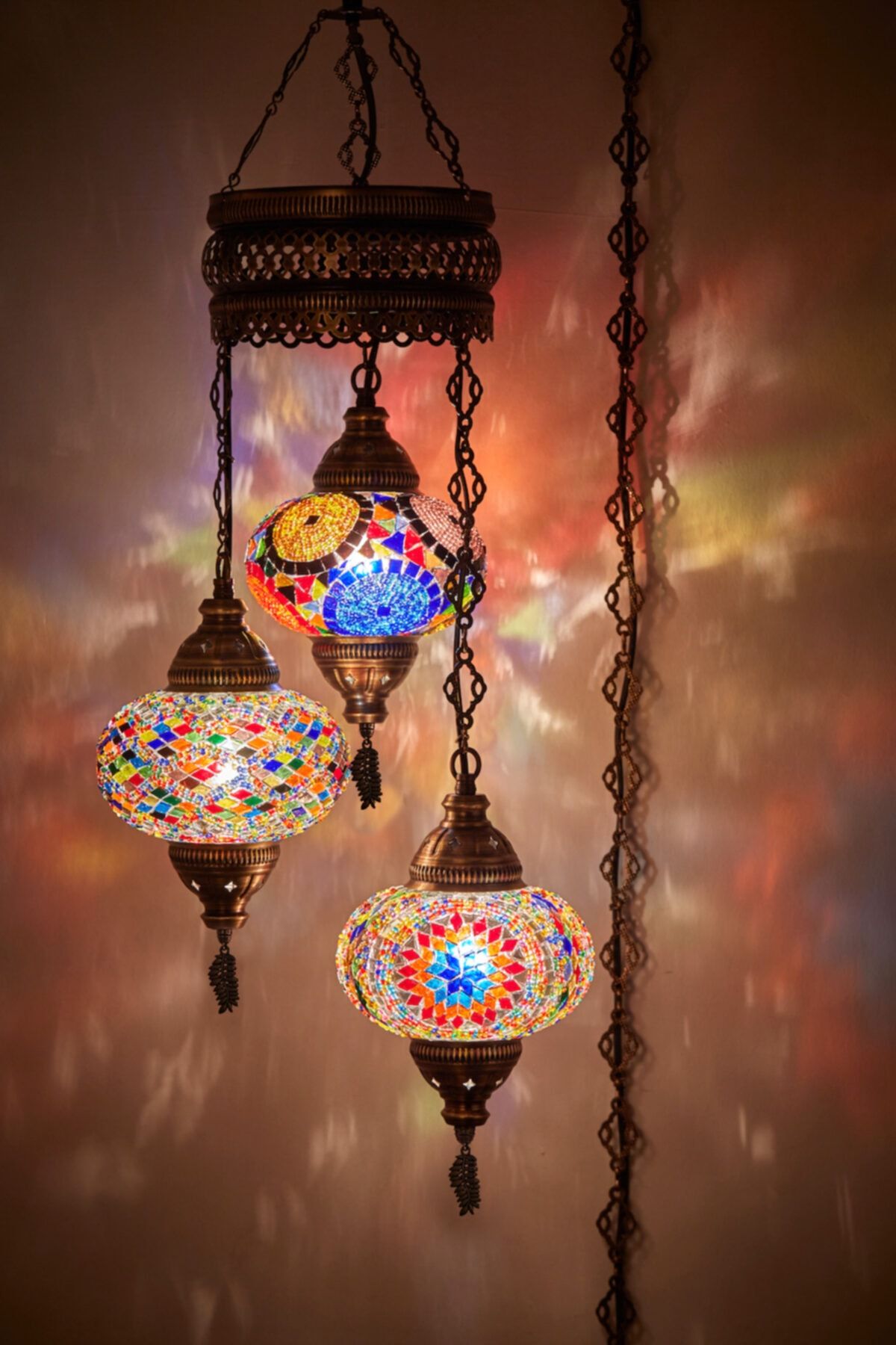 Demmex Mozaik Lamba Osmanlı Otantik Renkli Camlı El Yapımı Boho Sarkıt Avize, 3 Büyük Cam, 95cm