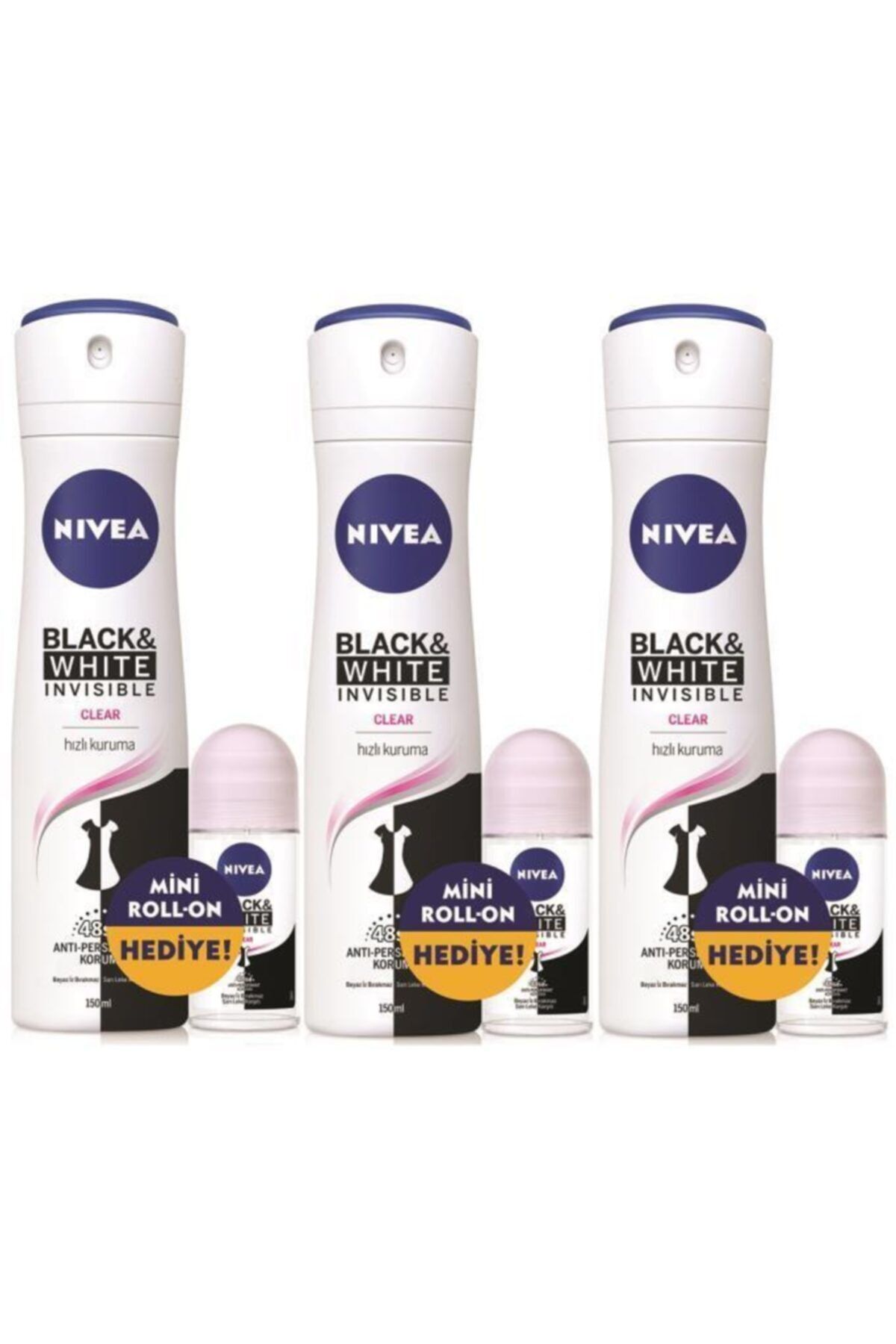 NIVEA Black & White Clear Kadın Sprey Deodorant 150 ml + Roll-on 25 ml X3