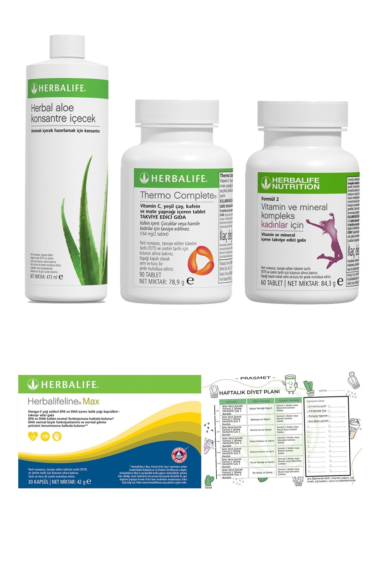 Herbalife Yağ Yakıcı Thermo Complete + Aloe Vera Içecek + Kadın Vitamini + Omega 3 + Diyet Listesi