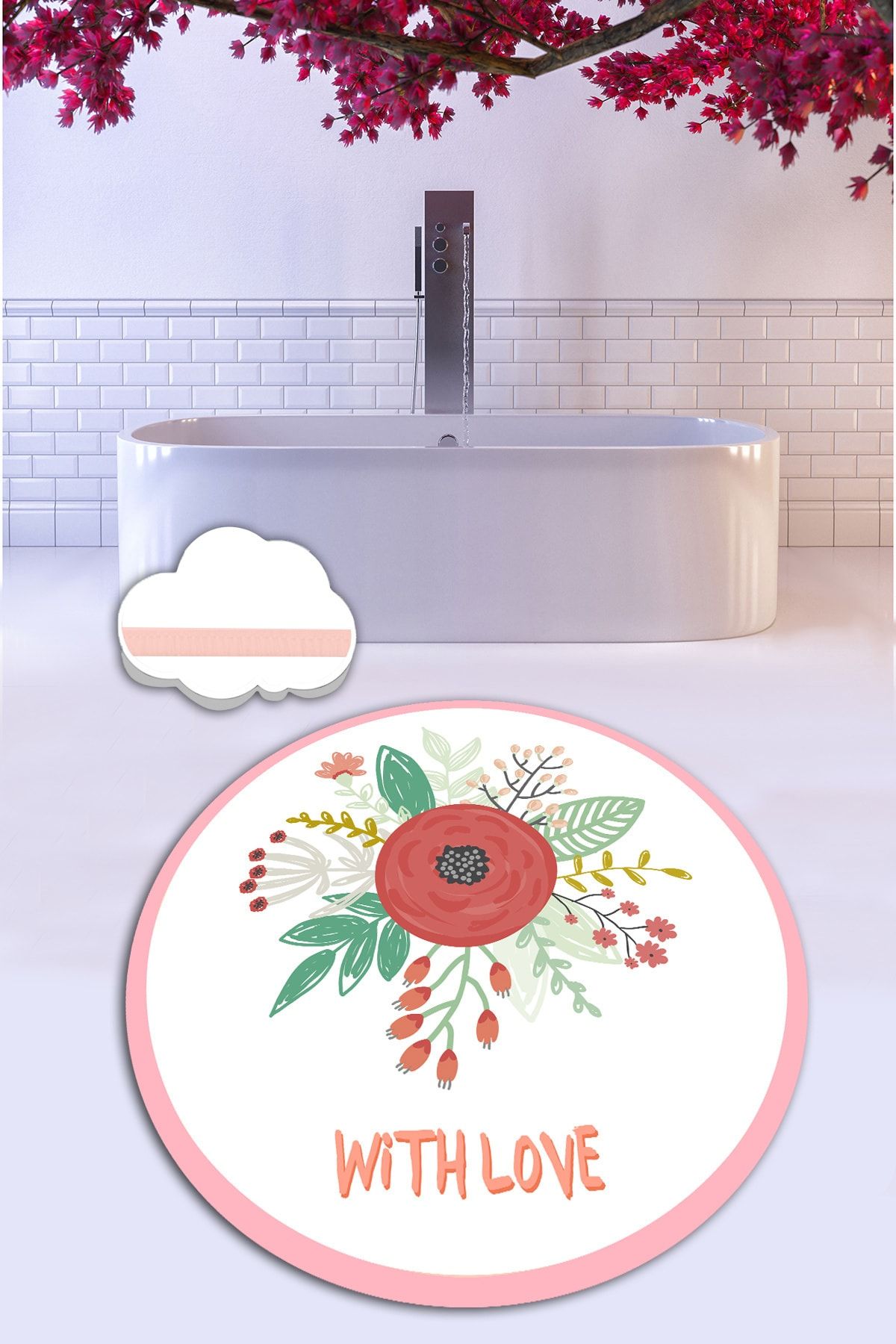 Chilai Home WİTH LOVE ÇAP 100x100 cm Banyo Halısı Paspas Klozet Takımı Yıkanabilir , Kaymaz Taban