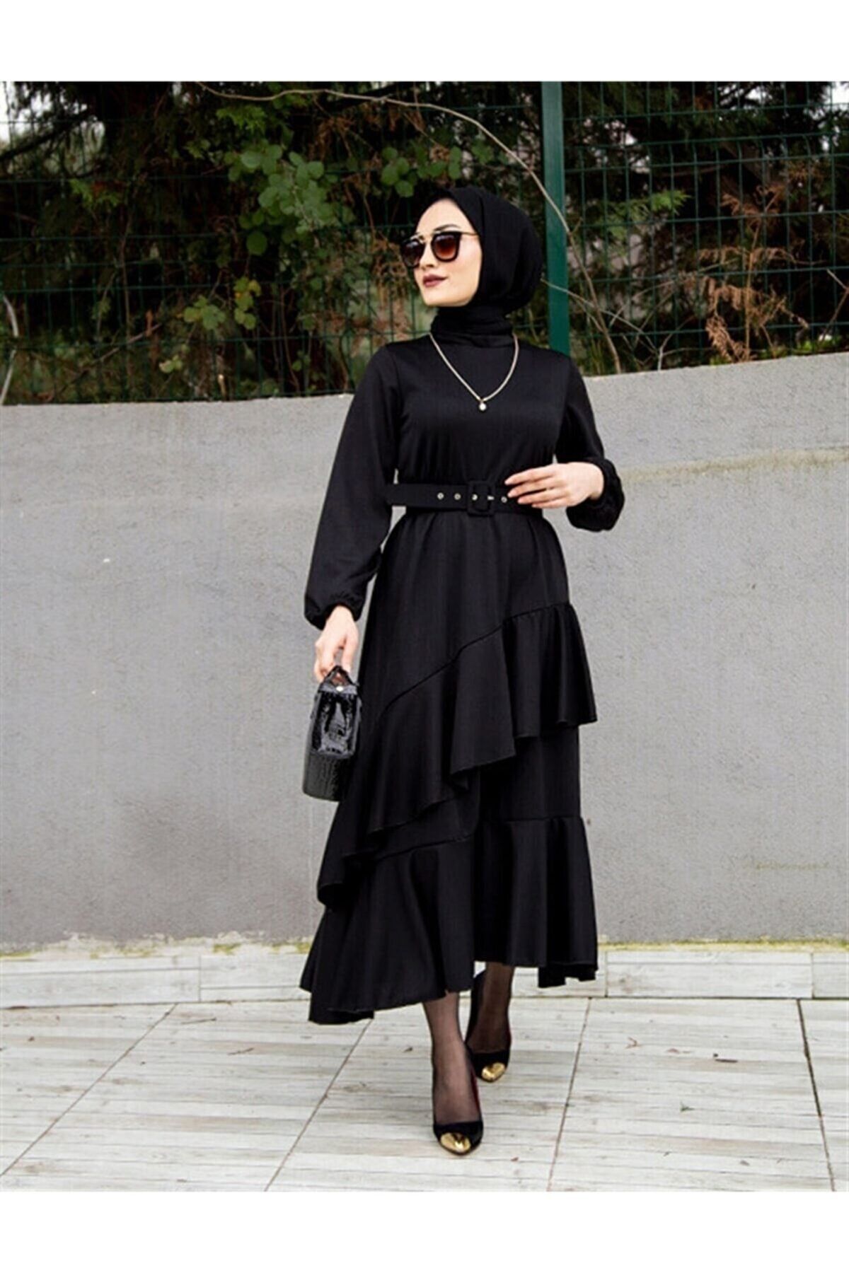 VOLT CLOTHİNG Volan Katlı Kemerli Uzun Özel Gün Elbisesi-siyah